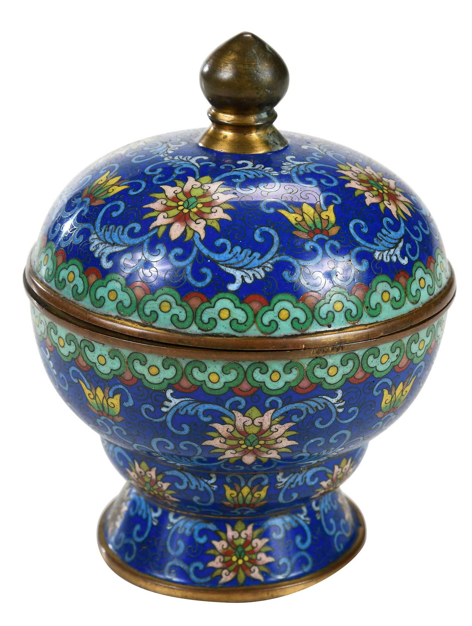 Chinese Cloisonne Lidded Vessel: early 20th century, of shaped spherical form, decorated with lotus blossoms and scrolling vines, gilt bronze ovoid finial, 5 in. Provenance: Collection of Keith Jennings, North Carolina