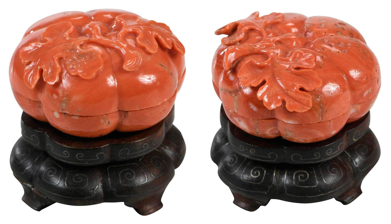 Pair of Chinese Carved Coral Lidded Boxes (1 of 11)