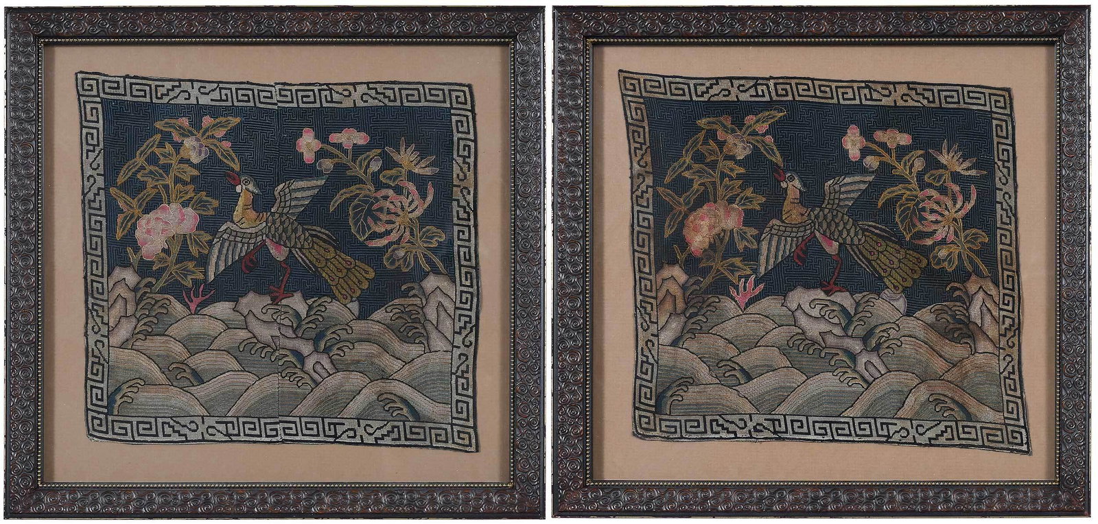 A Set of Chinese Embroidered Civil Rank Badges: late 19th century, 2nd civil rank, each depicting a golden pheasant flanked by chrysanthemums and rocks, above rolling waves, from robe back and front, set in a fitted partial giltwood frame, badge 8-