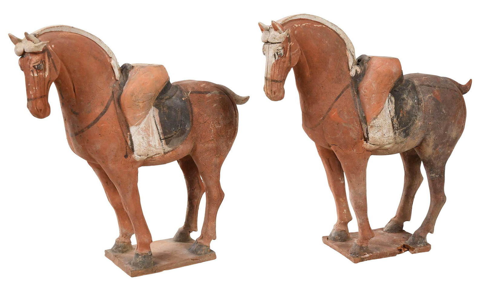 Two Chinese Pottery Horses with Riders: comprising: two statues, painted in red, white, and black, each with female rider, rectangular bases, 15-1/2 x 11-7/8 in. Provenance: The Estate of Peter H. Tillou, Litchfield, Connecticut