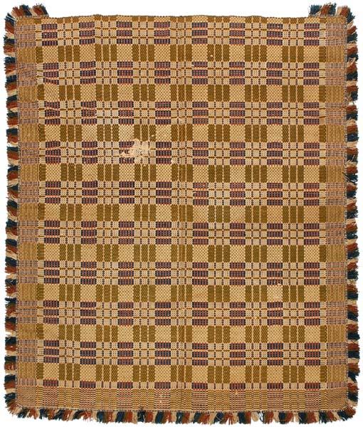 Overshot two-panel coverlet,: blue, olive and red, fringed on three sides, pest damage, 80 x 95" including fringe; formerly Griffin Collection