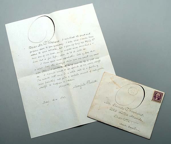 Maxfield Parrish signed letter,: 12 lines artistically rendered in brown ink by Mr. Parrish to Claude Pritchard of Charlotte, North Carolina, May 16, 1937, in which he critiques his own work: "I haven't much of an opinion of my work,