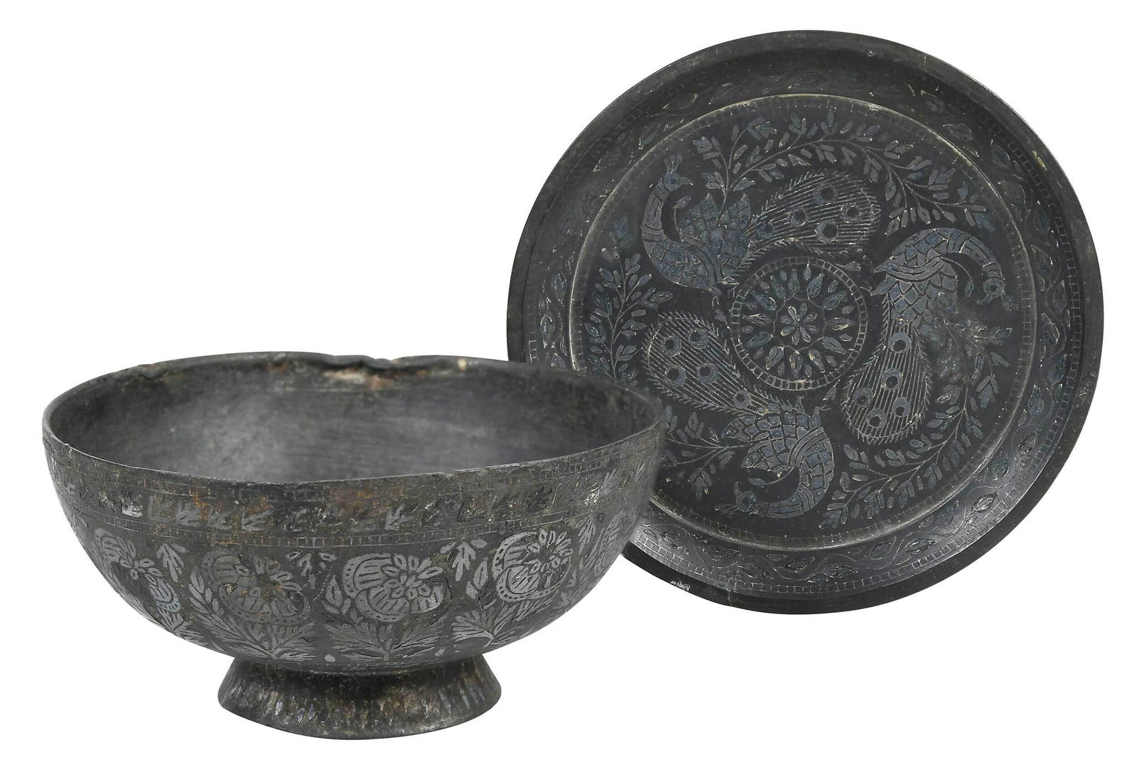 Two Persian Patinated Bronze Inlaid Dishes (1 of 11)