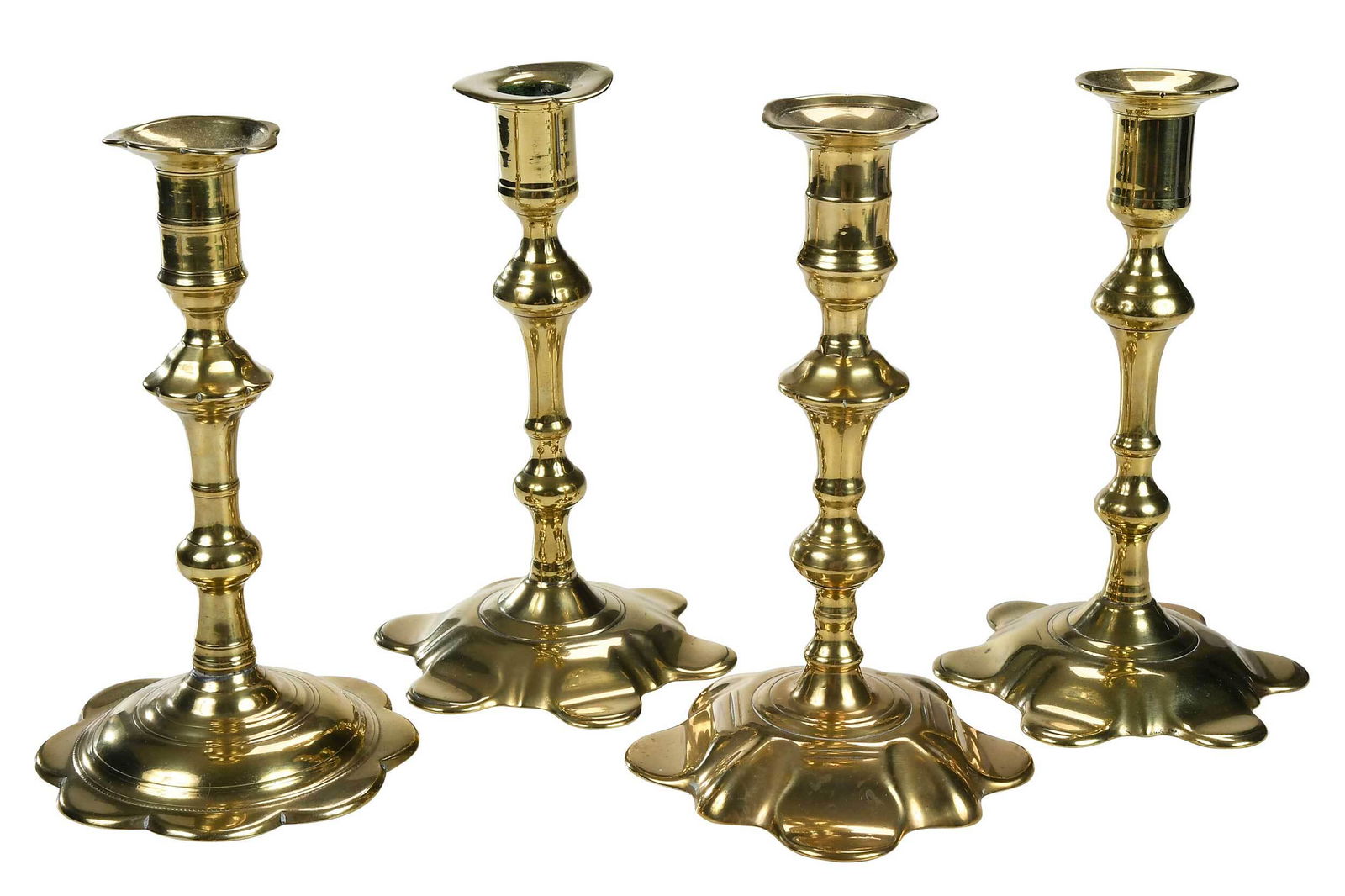 Four English Brass Petal Base Form Candlesticks (1 of 4)