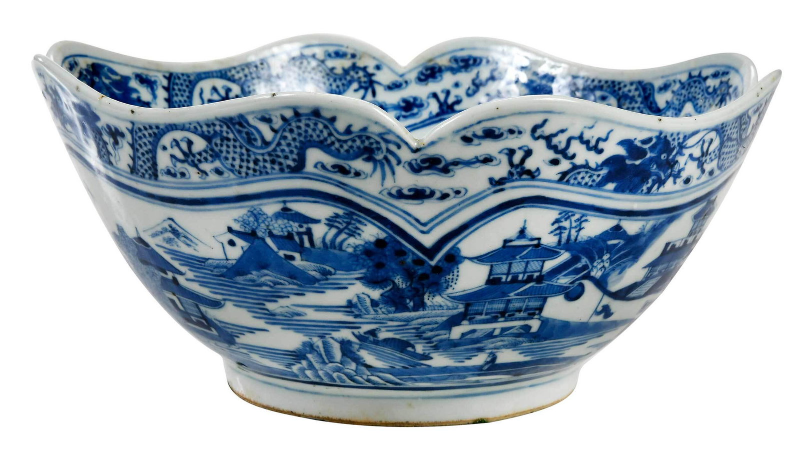 Chinese Export Blue and White Porcelain Bowl: Qing dynasty, with underglaze blue four character Qianlong reign mark to base, deep footed form with scalloped rim, blue and white decoration, borders with dragons chasing pearl amongst swirling cloud