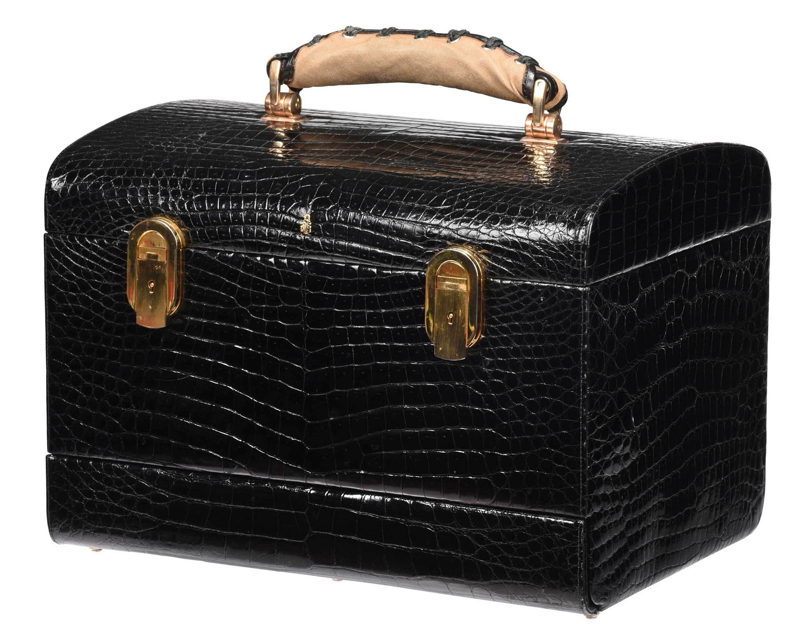 Mark Cross Black Leather Travel Case: Italian, 20th century, embossed alligator design, with gold tone hardware, canvas wrapped handle, interior in leather with removable mirror, secret button to open velvet lined drawer, stamped on front