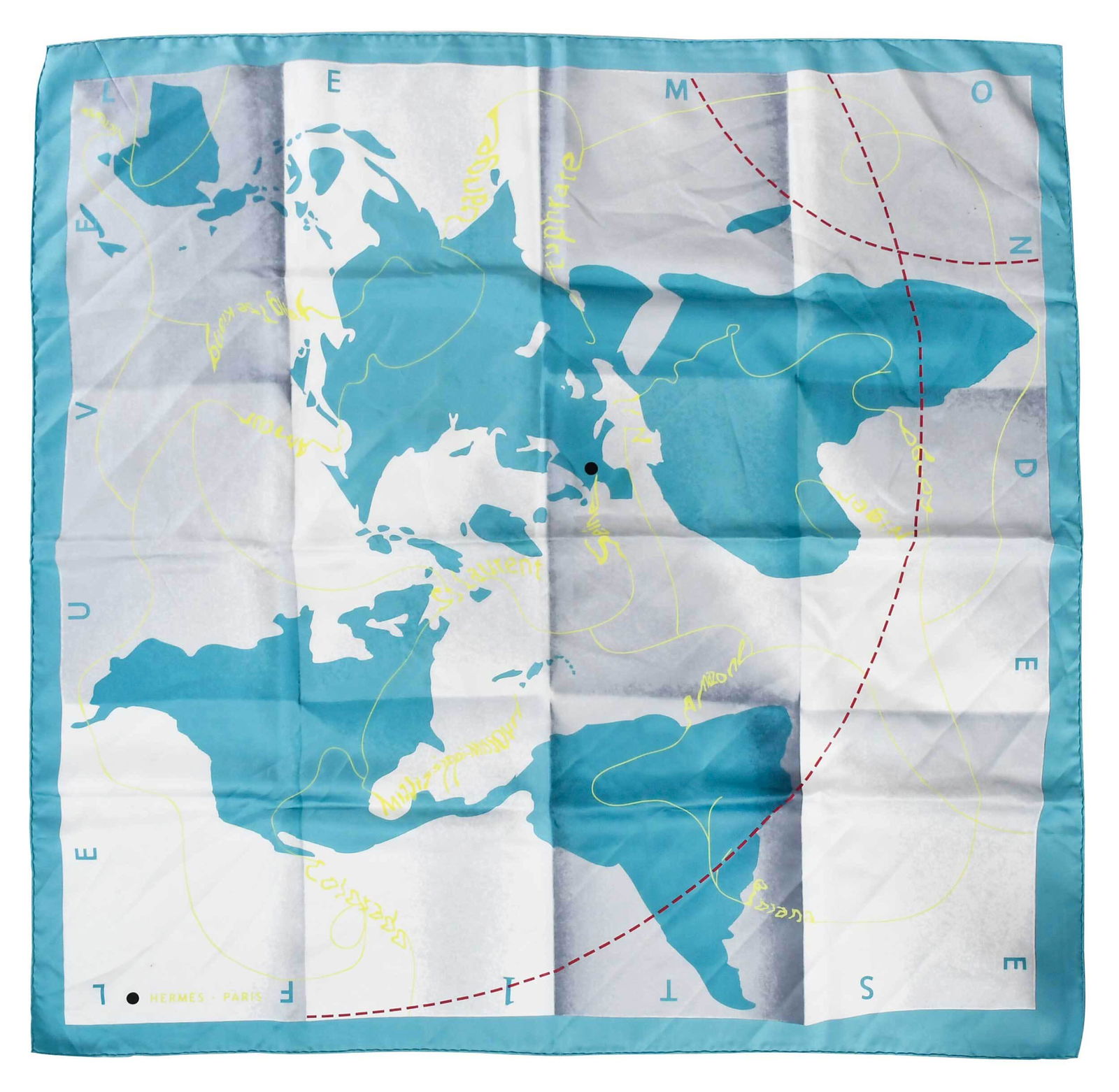 Hermes Silk Scarf: blue, white, yellow, and red "Le Monde Est Une Fleuve" scarf, with design of map, marked "Hermes - Paris" on bottom left, with sewn tag "Made in France/100% silk/dry clean only", with Hermes box, 34-3