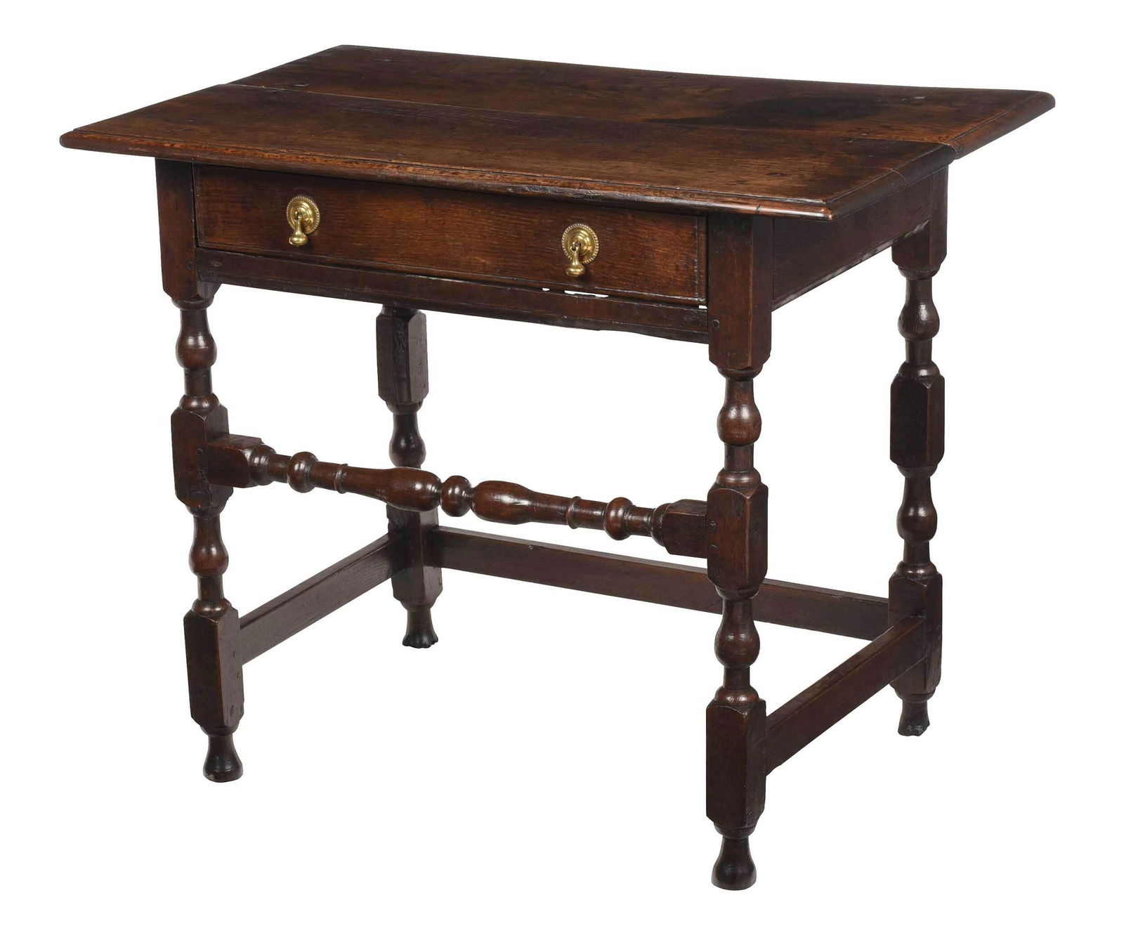 Early British Oak Dressing Table: 18th century, oak throughout, single dovetailed drawer, nailed construction, blocked and turned legs, patinated surface with mellow brown color, 28-1/4 x 34-1/4 x 21 in. Provenance: The Important Priv