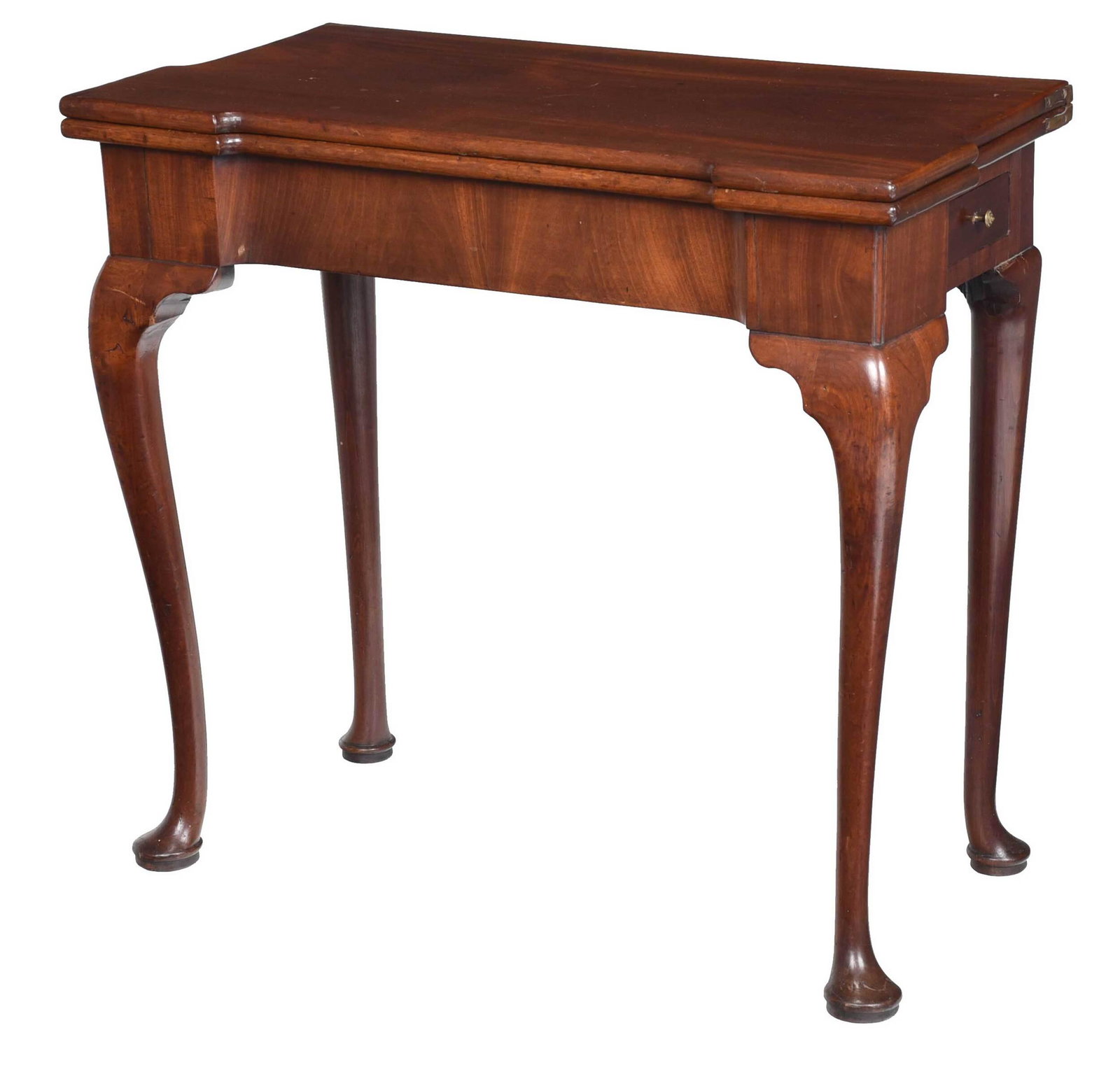 Queen Anne Mahogany Games Table: British, 18th century, mahogany fold over top, cabriole legs with pad feet, one skirt fitted with single dovetailed chip drawer, book matched veneered skirt, 28-1/2 x 31-1/2 x 15-1/2 in.