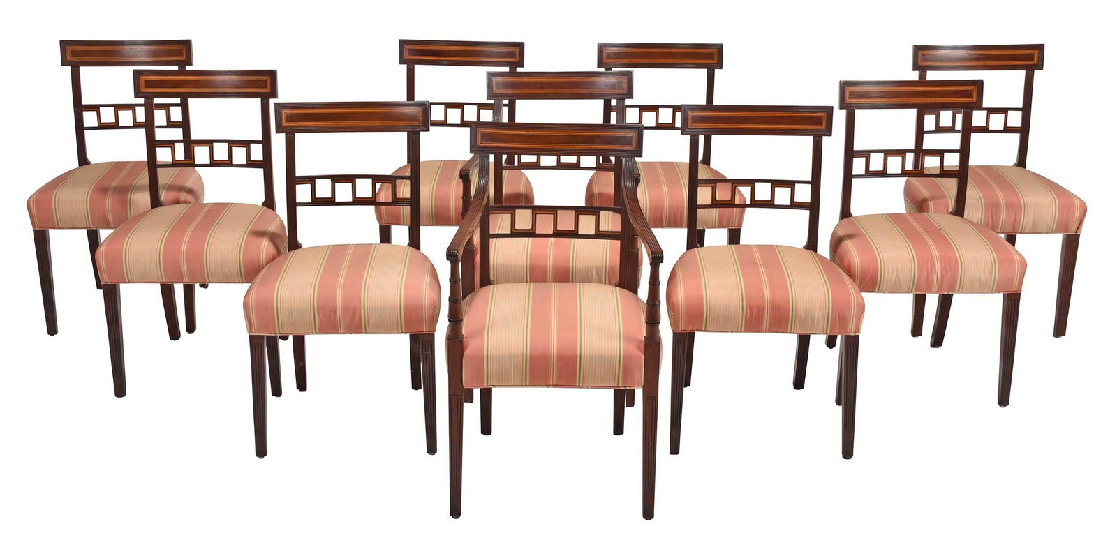 Set of Ten George III Inlaid Mahogany Dining Chairs: British, early 19th century, each with inlaid tablet back over Greek key inlaid slat, striped silk upholstery, tapered legs with inset reeded panels, two arm and eight side, 34-1/2 x 20-1/4 x 22-1/2 i