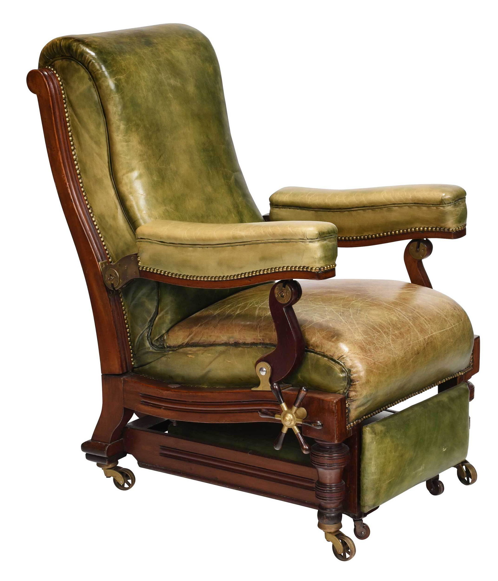 Unusual Victorian Mahogany Reclining Armchair: British, mid 19th century, back with celluloid label "by appointment to HM The King/Carters/Invalid & Surgical Furniture Manufacturers, London", mahogany frame with brass fittings set with fine green 