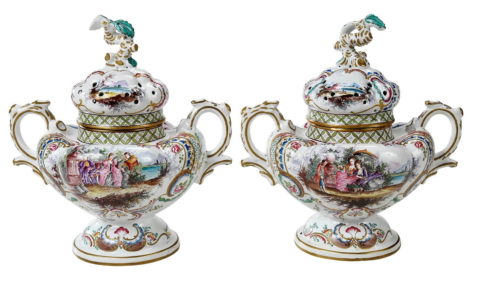 Pair of Veuve Perrin Faience Jars: French, late 18th century, two potpourri, with circular bases and two loop handles on sides, elaborate gilt and floral decoration with outdoor scenes with figures, lids in matching design with pierced