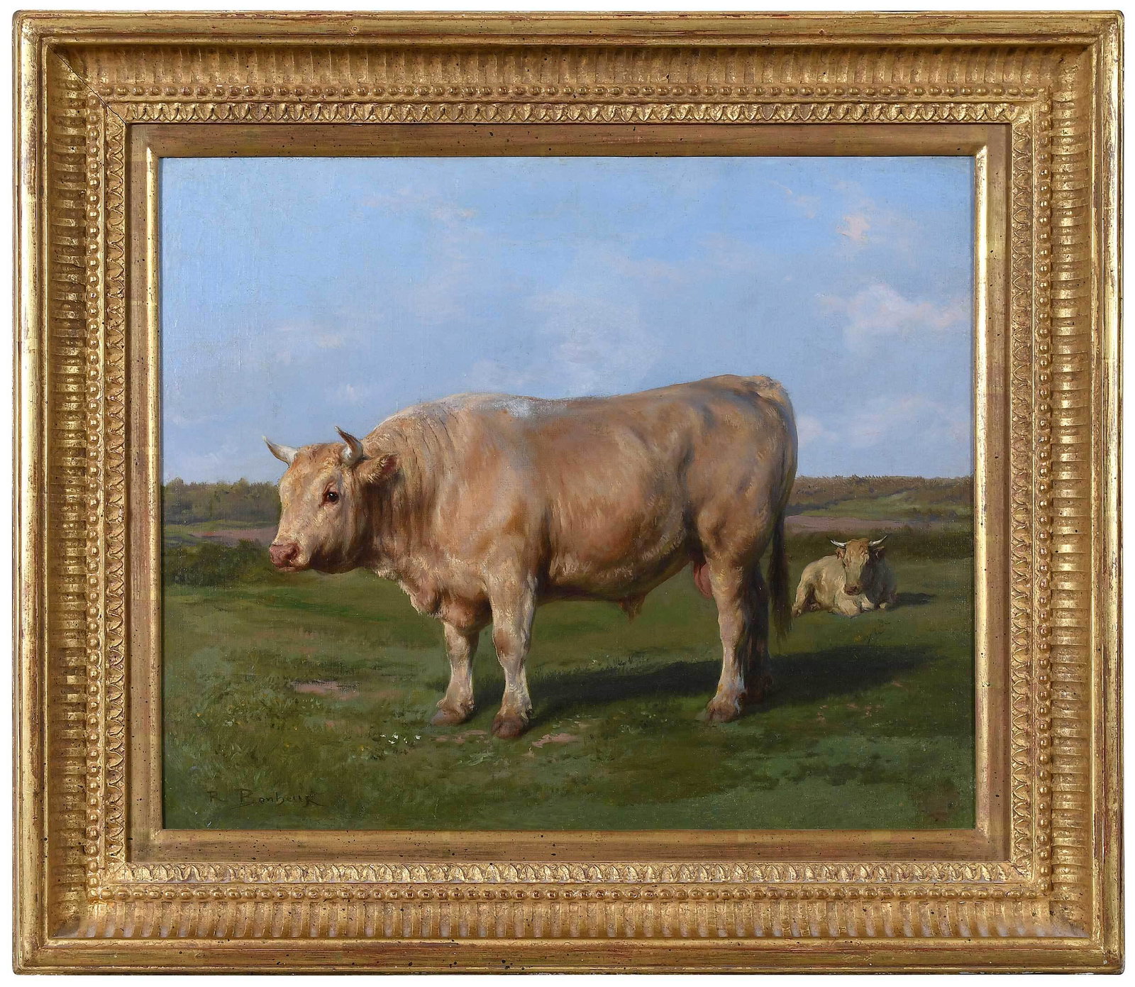 Manner of Rosa Bonheur: (French, 1822-1899) Cows in a Pasture, bearing spurious signature lower left "R. Bonheur", oil on canvas, 15-1/8 x 18-1/8 in.; gilt wood frame, 21 x 24 in. Provenance: Estate of Sally Kennedy, Ashevil