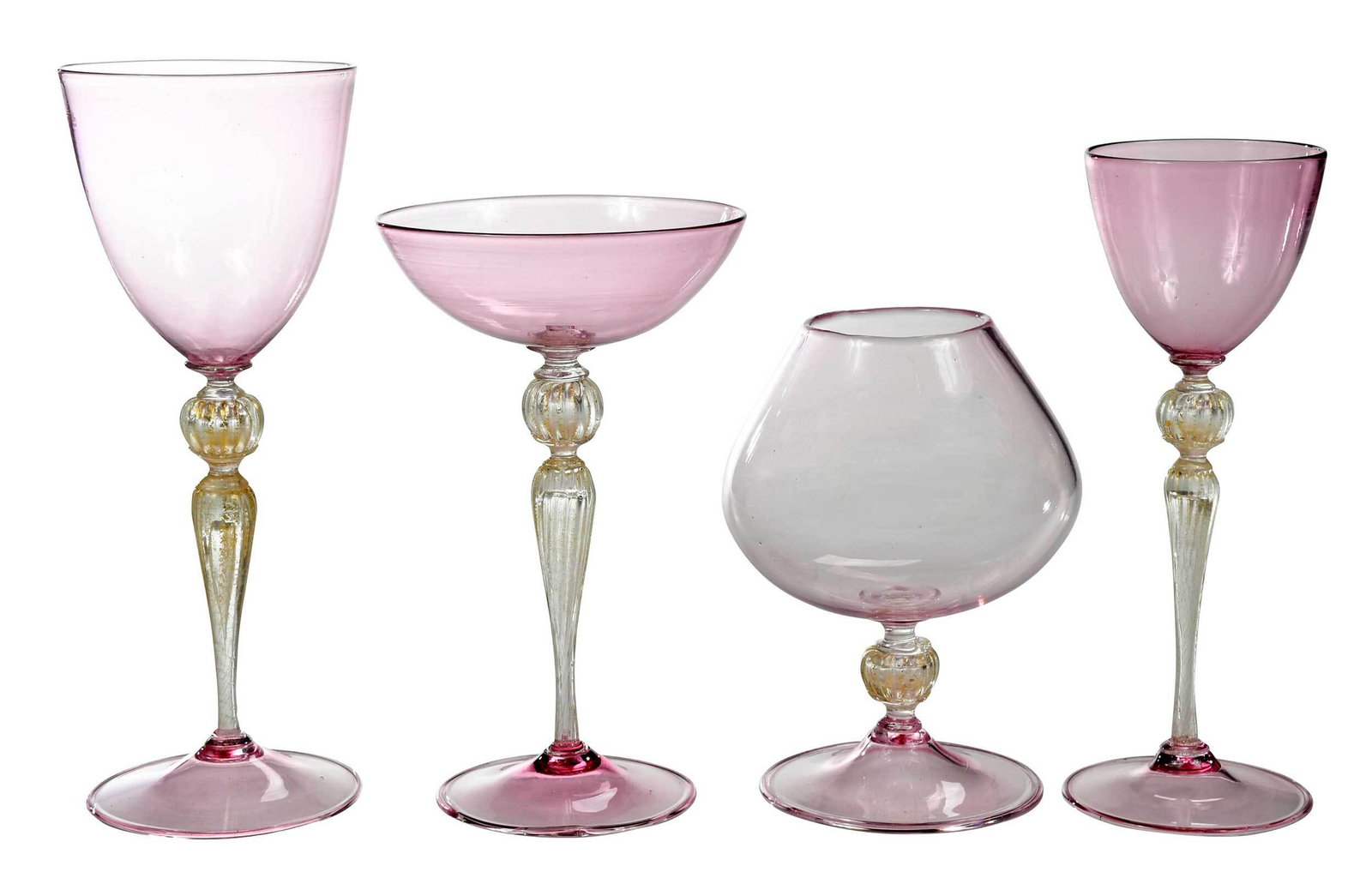 61 Piece Venetian Glass Stemware Service: Italian, 20th century, each with amethystine bowls and bases, stems in clear glass with gold flecks, comprising: 15 brandy snifters, 16 champagnes, 16 wines, and 14 water goblets, tallest 9-3/8 in. Pr