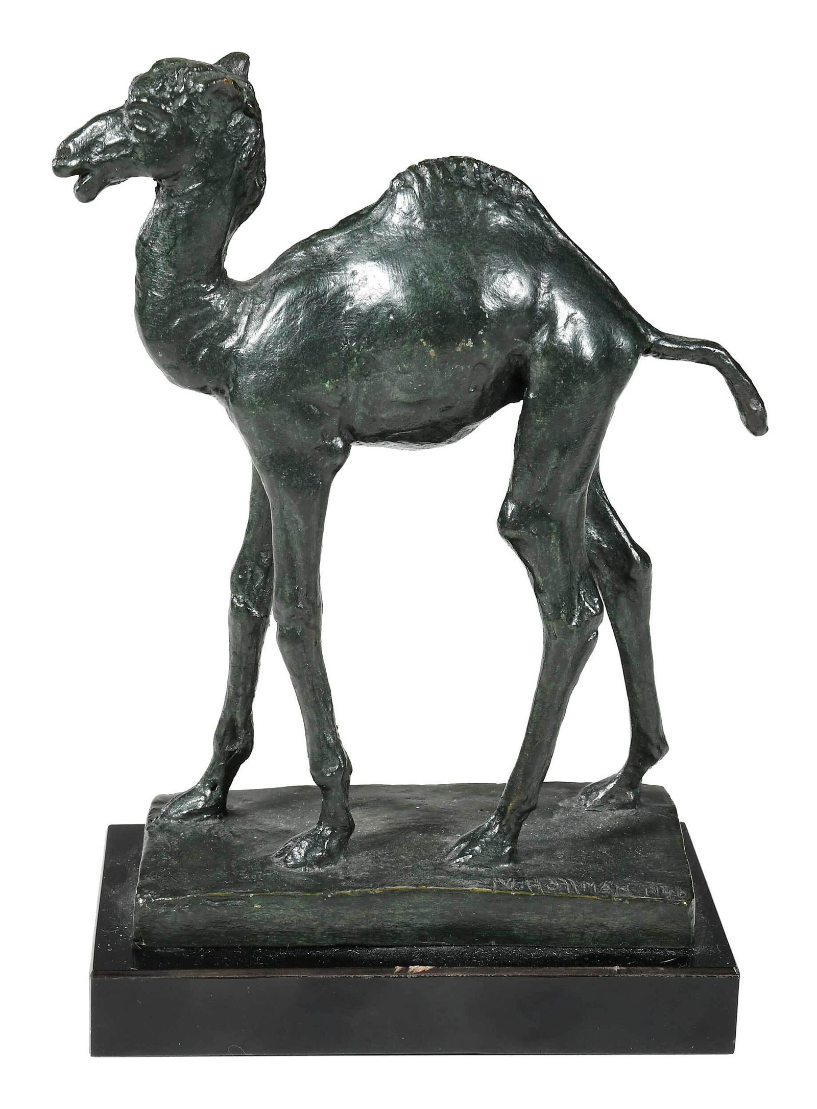 Malvina Cornell Hoffman Bronze: (New York, 1887-1966) Camel, 1948, signed ?M. Hoffman 1946?, Roman Bronze Works, foundry with mark "RBW Inc.?, patinated bronze, 7-1/2 x 4-3/4 x 2-1/4 in., with laminated wood base, 7/8 x 5-1/2 x 3 in