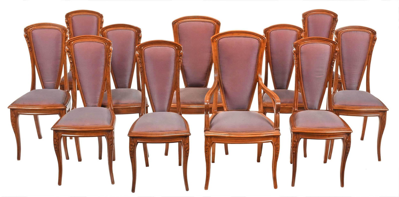 Set of Eleven Majorelle Art Nouveau "Chicoree" Dining Chairs: Louis Majorelle, French, circa 1900, unsigned, each figured carved walnut frame set with purple checkered upholstery, two armchairs and nine side chairs, 43 x 21-3/4 x 20 in. Provenance: Christie's Ne