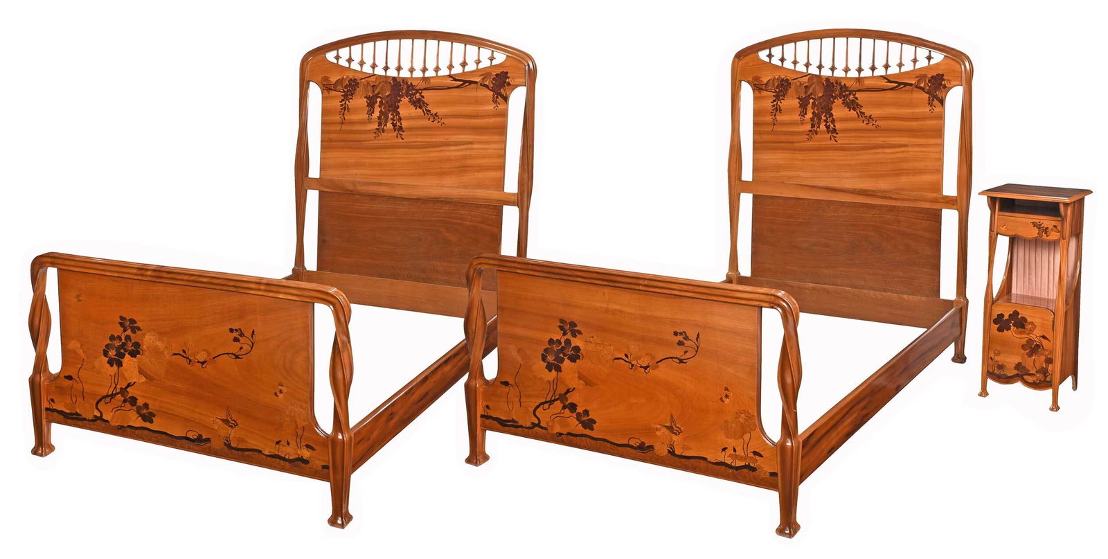 Louis Majorelle Mahogany Marquetry Inlaid Bedroom Suite: French, circa 1900, unsigned, attributed to Louis Majorelle, all in walnut, comprising: side table with molded top and open shelf above single dovetailed drawer, with butterfly marquetry inlay, cabine