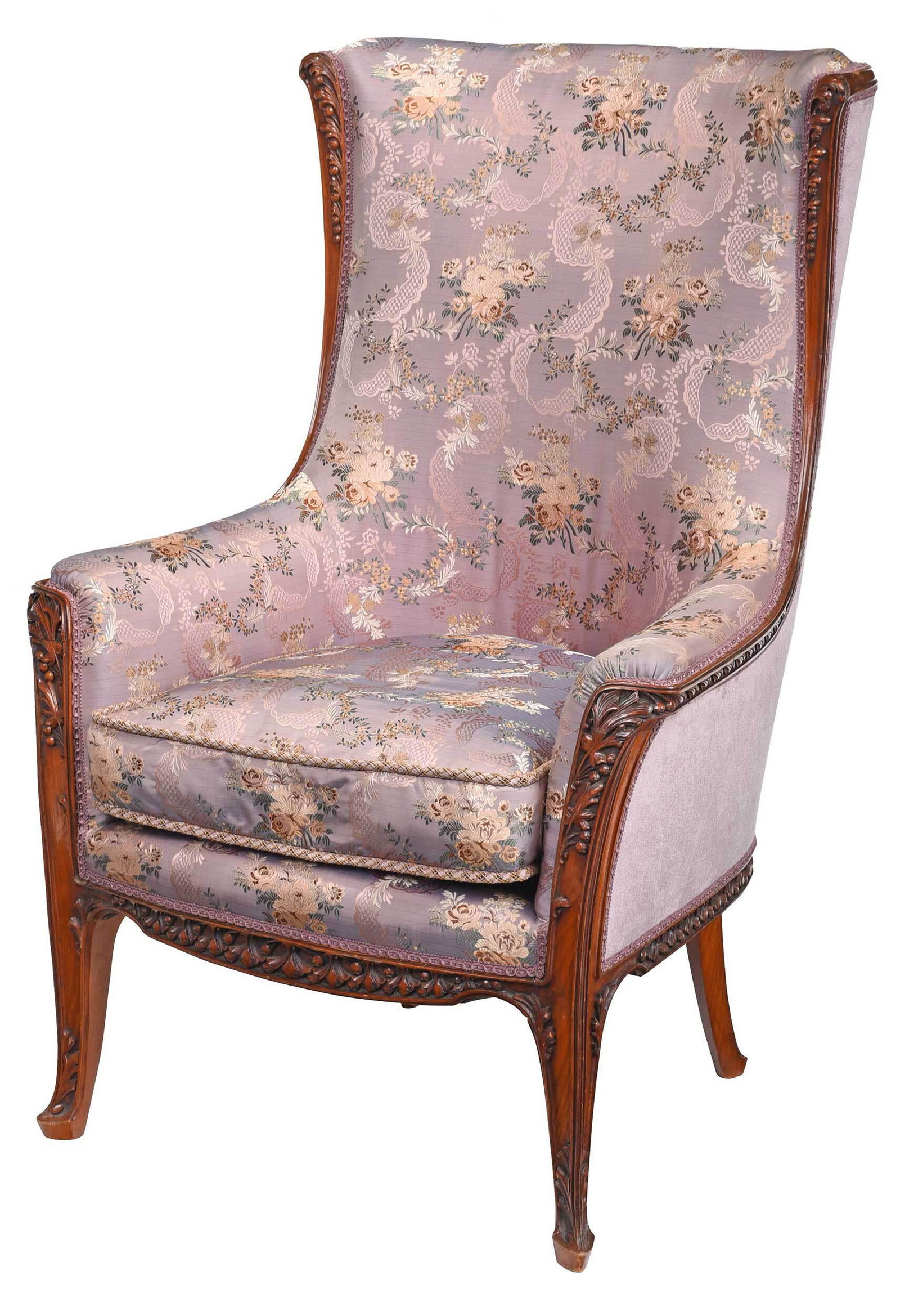 Louis Majorelle "Algues" Carved Mahogany Armchair: French, circa 1905, unsigned, finely carved stained beechwood frame set with fine embroidered silk upholstery with loose seat cushion, 45 x 31-1/2 x 23-1/2 in.