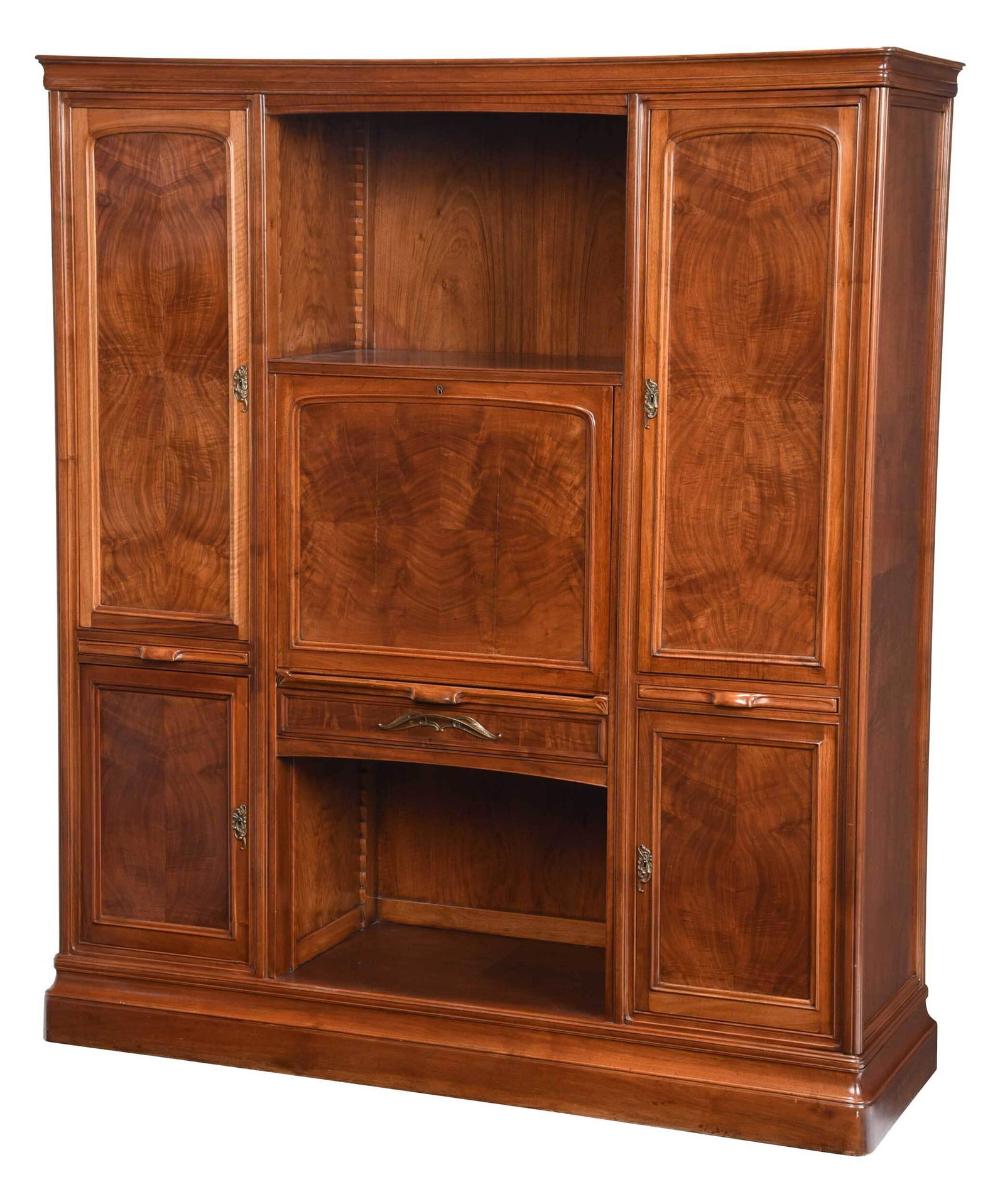 Eugene Galliard Attributed Art Nouveau Cabinet: French, circa 1900, with highly figured book matched walnut veneers, two arched cabinet doors centering a fall front writing desk, above three pull out slides, with a single drawer flanked by two addi