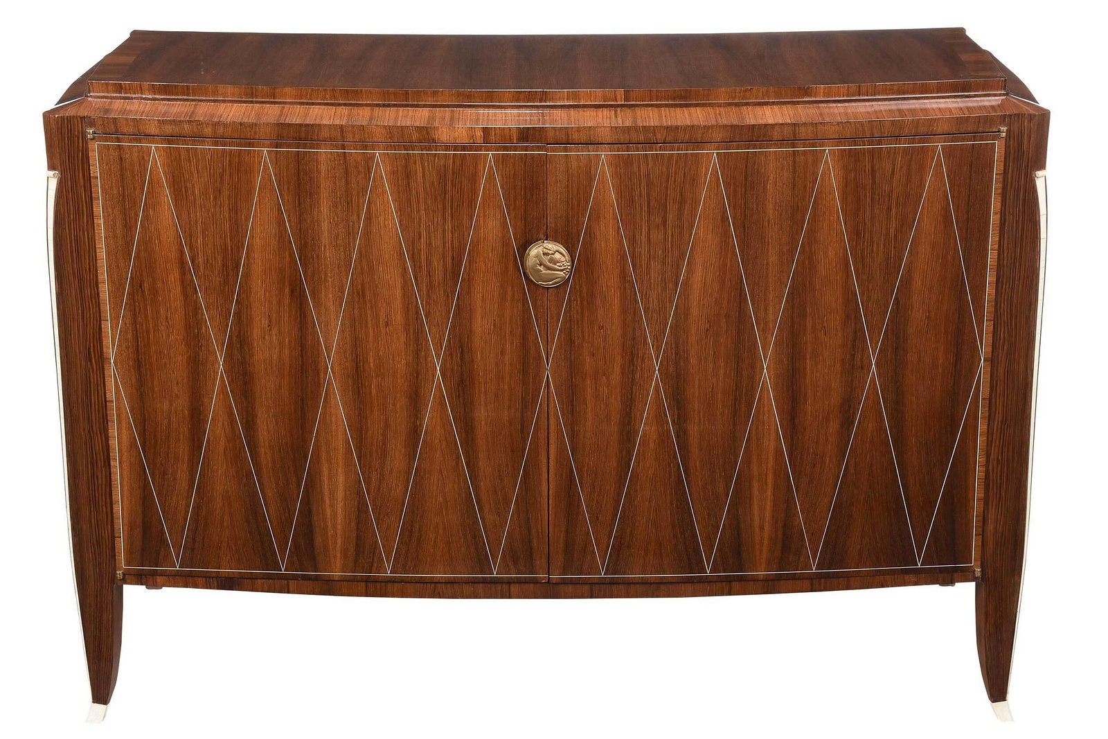 Fine French Art Deco Rosewood Bronze Mounted Sideboard: French, circa 1925, after a design by Emile-Jacques Ruhlmann, with finely grained book matched rosewood veneers, white geometric line inlay, two hinged doors, the lock disguised by a gilt bronze figur