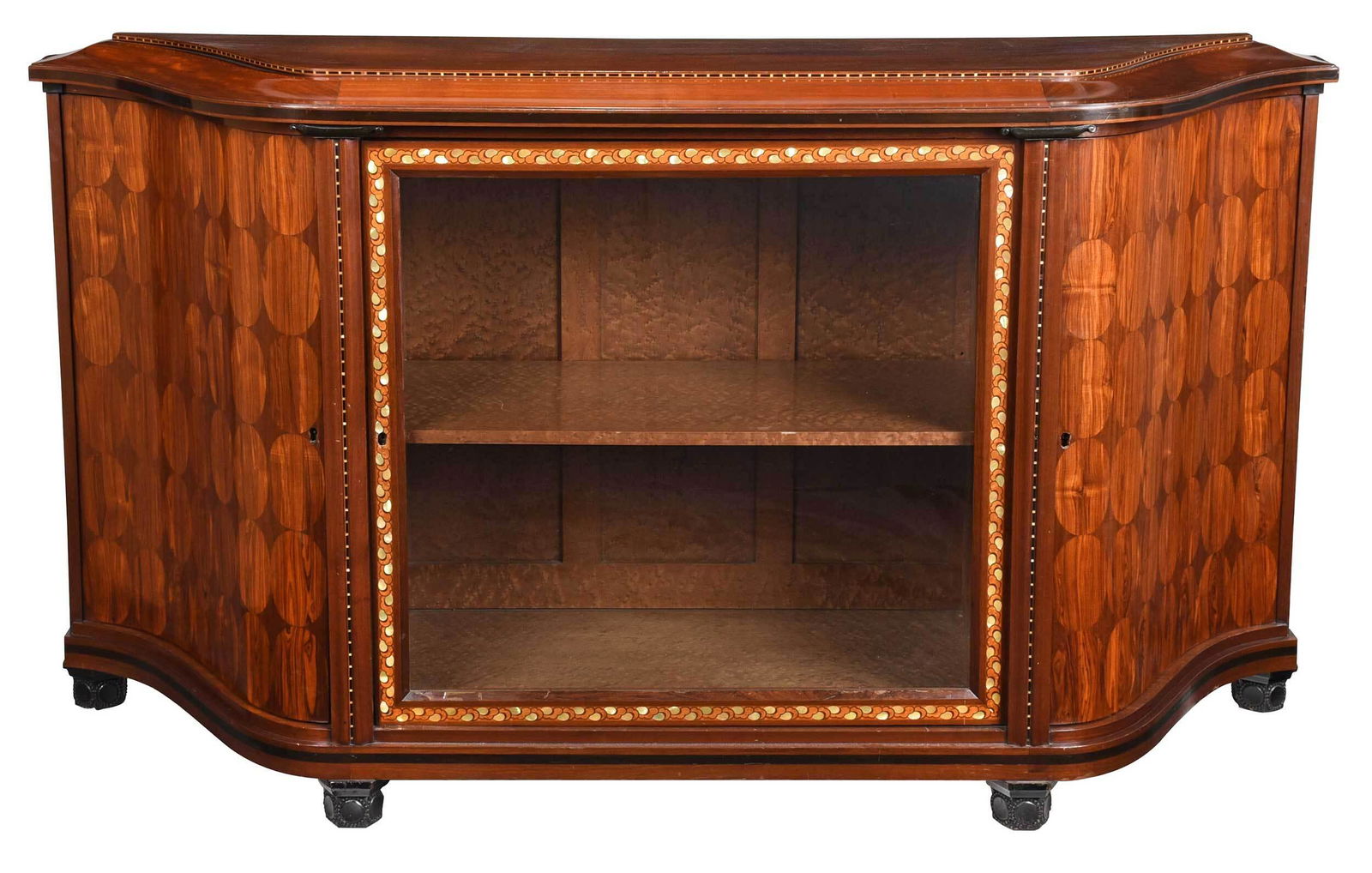 Maurice Dufrene Attributed Art Deco Mahogany Cabinet: French, circa 1920s, cabinet with shaped plateau top with inlaid sides above a central glazed door inlaid with various woods and abalone with foliage, opening to a shelved interior, the interior highl