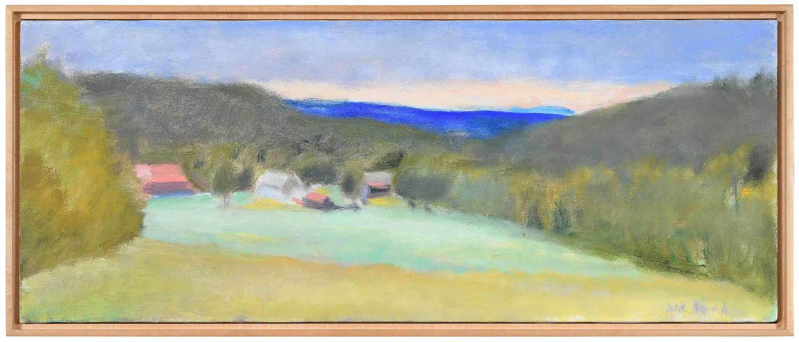 Wolf Kahn: (American/German, 1927-2020) Overlooking Butterfield Road, 1987, signed lower right "W. Kahn", titled on stretcher verso and numbered "116-1987", oil on linen, 12-1/8 x 30 in.; original wood frame, 13