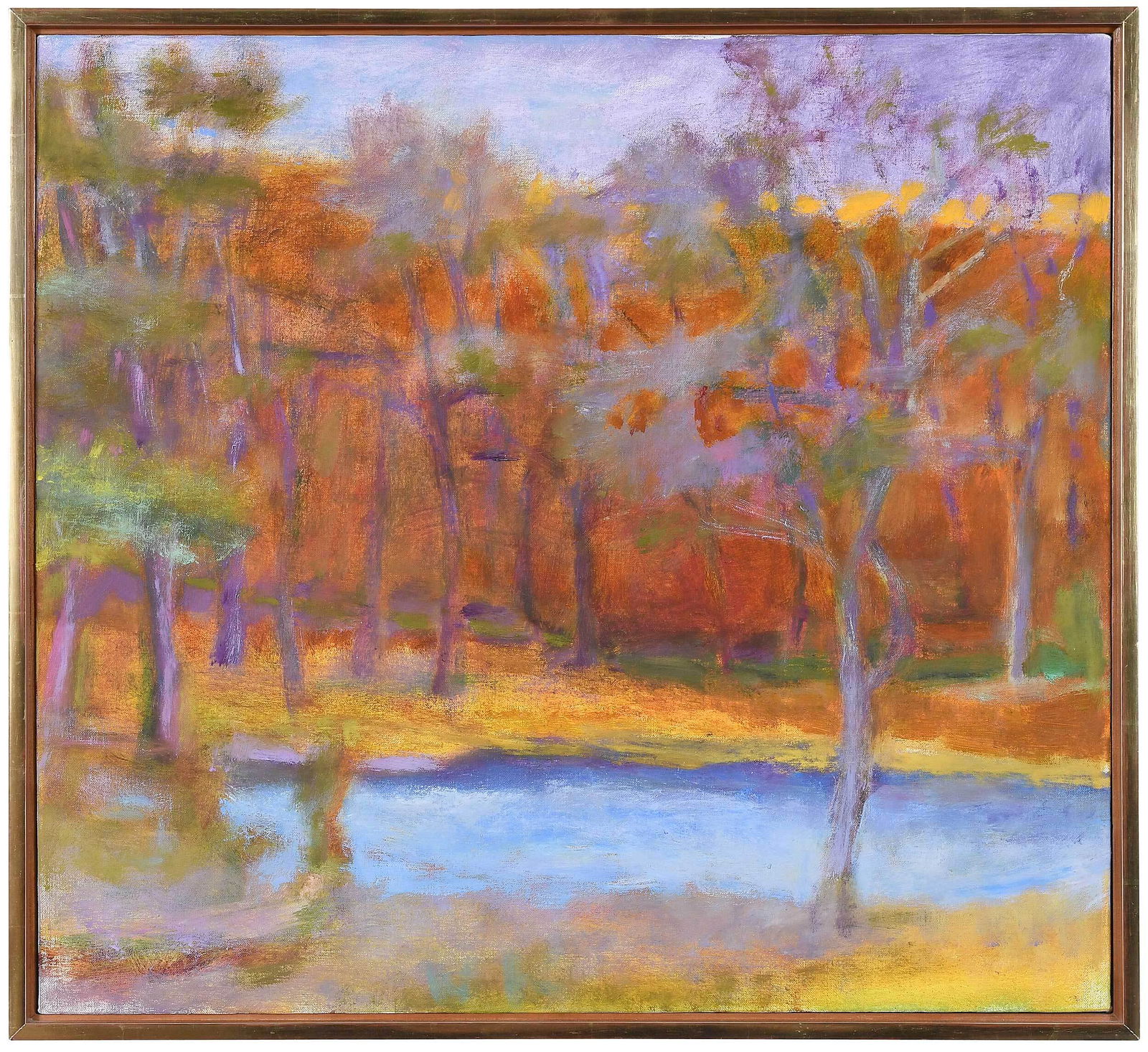 Wolf Kahn: (American/Germany, 1927-2020) Across a Pond, 1997, inscribed verso with title and number "1997/66", oil on linen, 20 x 22 in.; original frame, 21 x 23 in. Provenance: Jerald Melberg Gallery, Charlotte