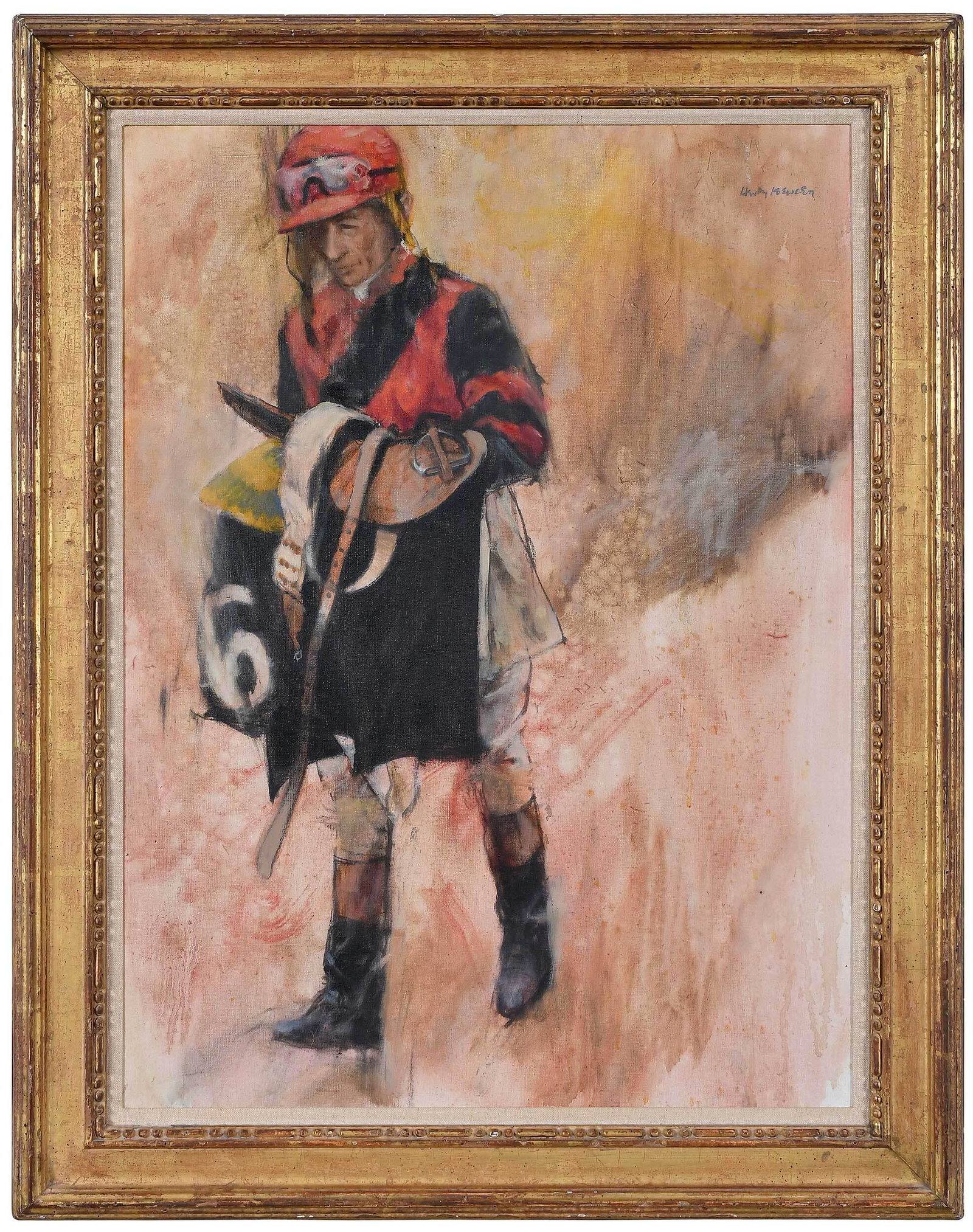 Henry Koehler: (New York, 1927-2018) Arcard Going to the Scales (Colors of Cambridge Stable). 1964, signed upper right Henry Koehler" and signed and titled verso, oil on canvas, 24-1/8 x 18-1/8 in.; gilt wood frame,
