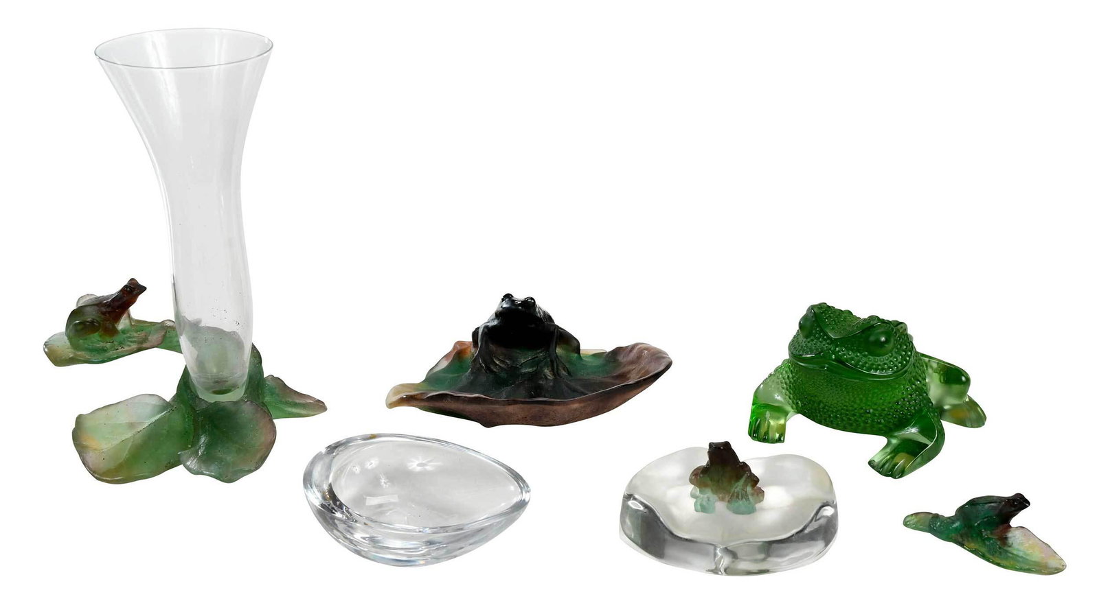 Five Art Glass Frogs, Daum and Lalique: French, 20th century, comprising: Daum pate de verre vide poche, vase, small bowl, and frog on lily pad with Daum label to base, each with etched signature "Daum France", tallest 8-1/4 in.; Lalique fr