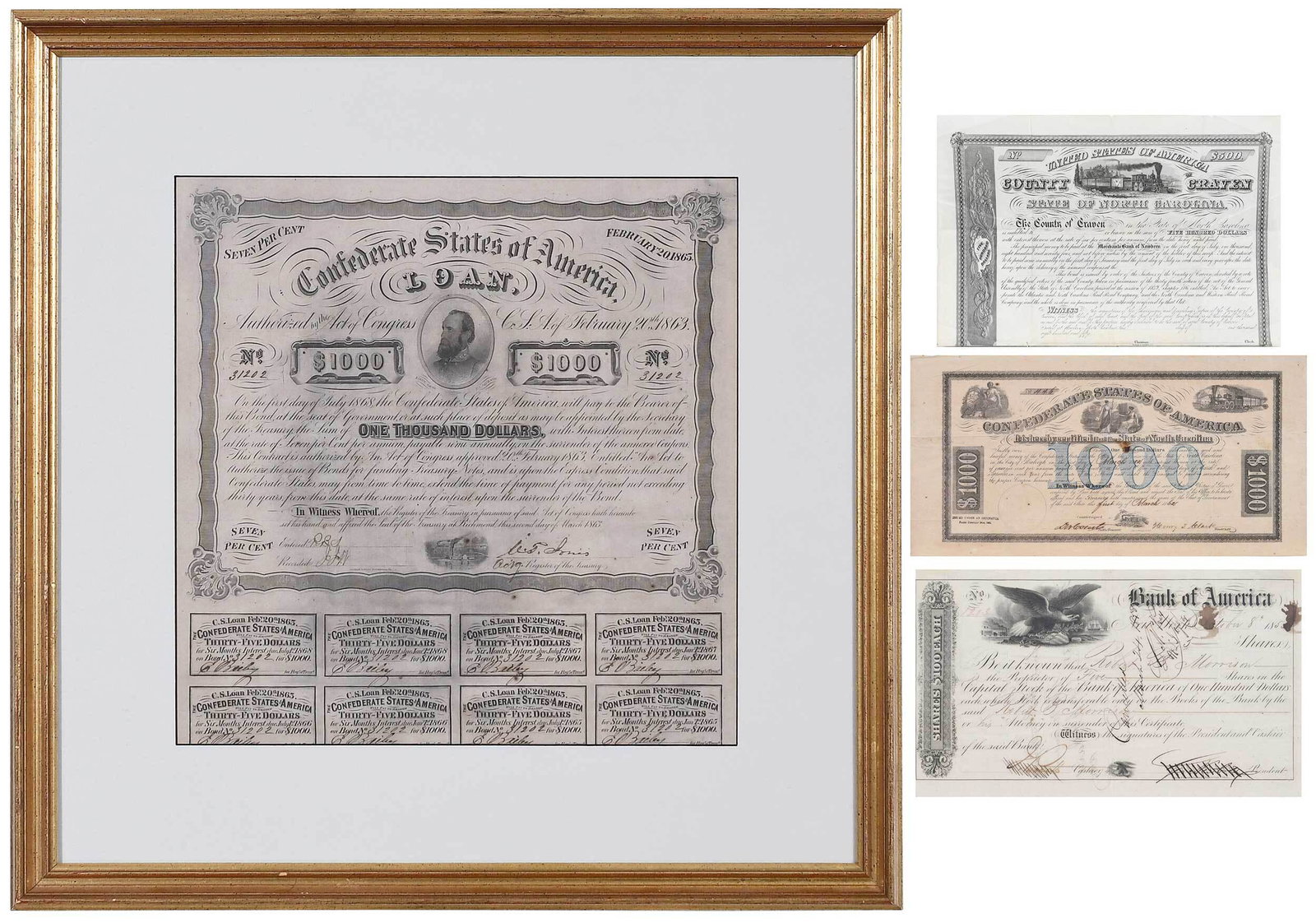 Group of Four Stock and Bond Certificates: 1863 Confederate States of America, $1000 bond, "Stonewall" Jackson central vignette, serial number 31202, eight attached coupons, framed, sight 13-1/2 x 13-1/2 in.; 1862 Confederate States of America
