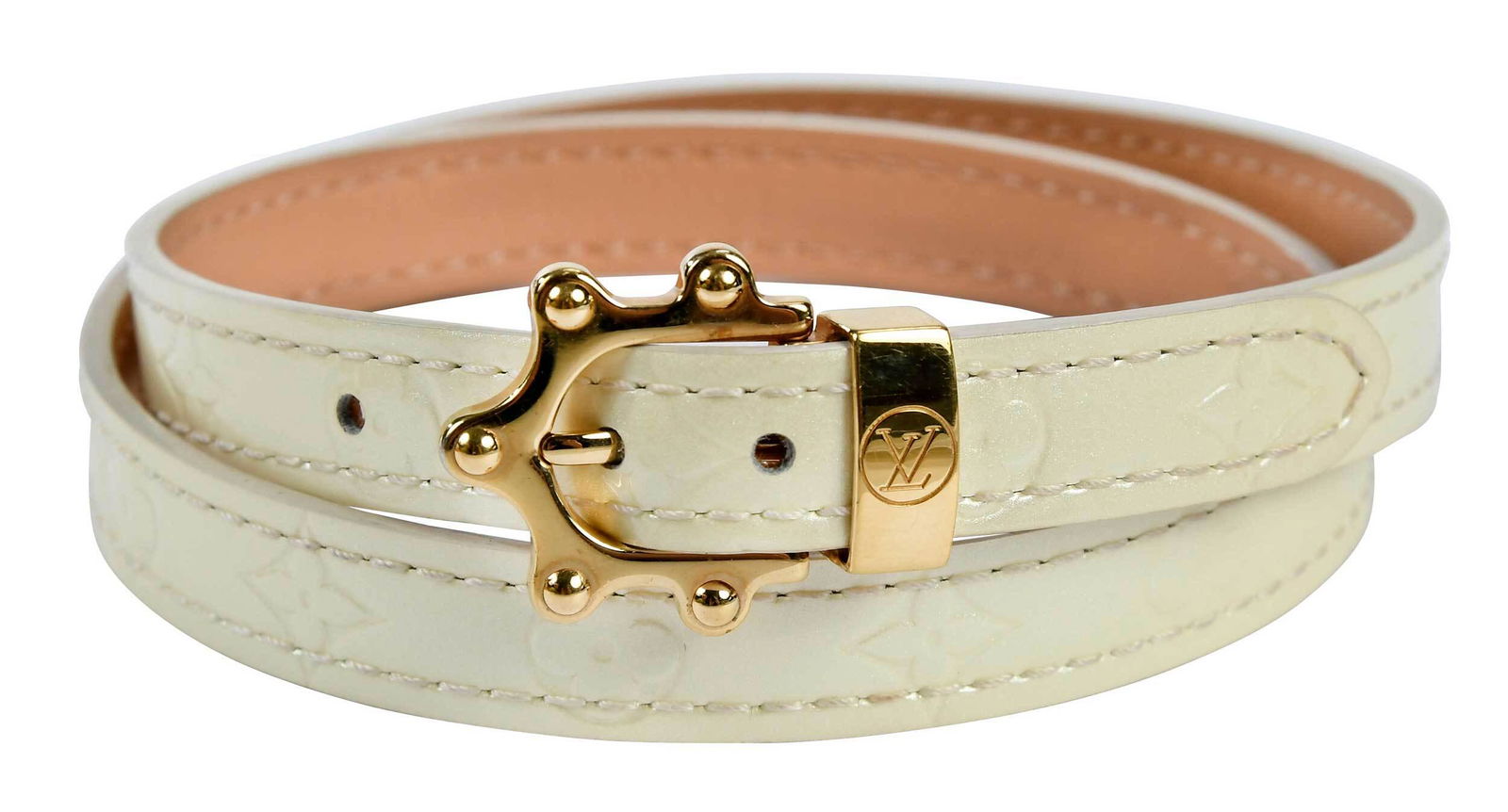 Louis Vuitton Monogram Wrap Bracelet: off-white sparkle "belt" design wrap, gold-tone clasp, inside bracelet stamped "M10045, Louis Vuitton, made in France", 1/2 in. wide, 23-1/2 in. lg., 20.4 grams Provenance: Private Collection