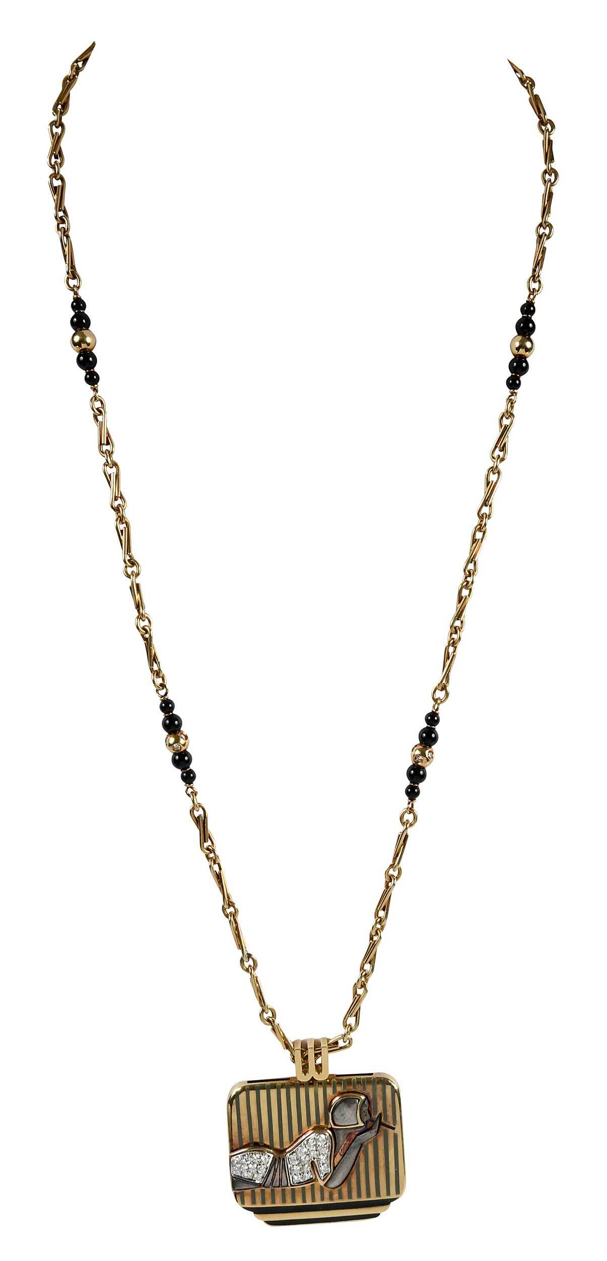 18kt. Gemstone Necklace: Erte style, deco design of woman smoking, pendant with 23 round brilliant diamonds, enamel, stamped "750" and with Italian hallmarks, 18kt. yellow gold, 1-1/2 x 1-3/8 in., on fancy link chain, two gol