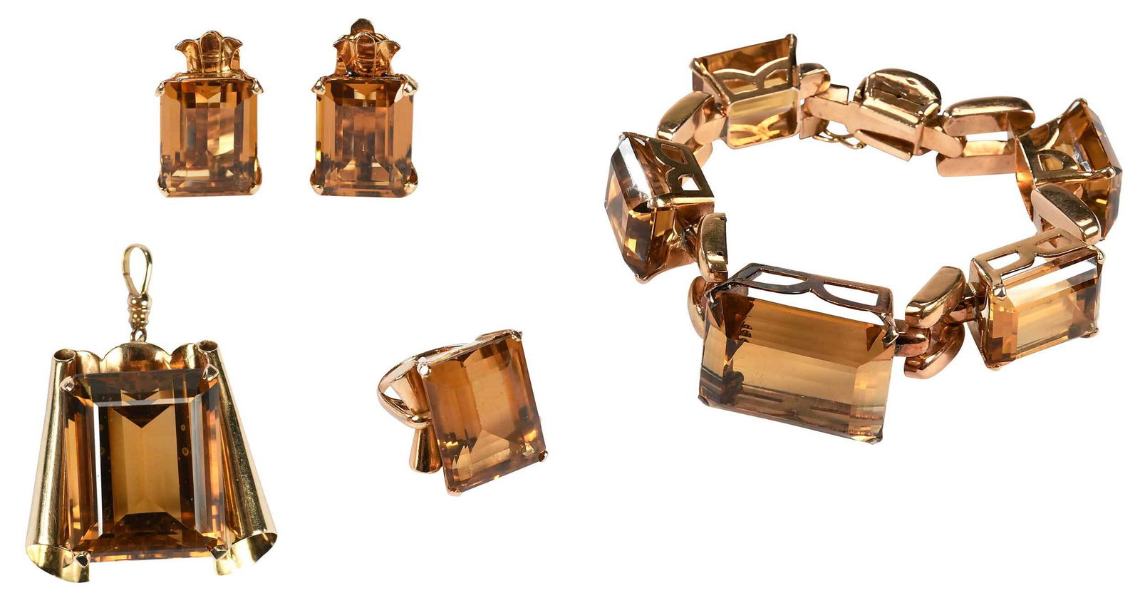 14kt. Citrine Suite: including: brooch/pendant, earclips, ring, bracelet, emerald cut citrine ranging from approx. 16 x 12 to 26.8 x 20.5mm, tested 14kt. yellow gold, ring size 6, bracelet 7 in. lg., 102.1 grams Provenanc