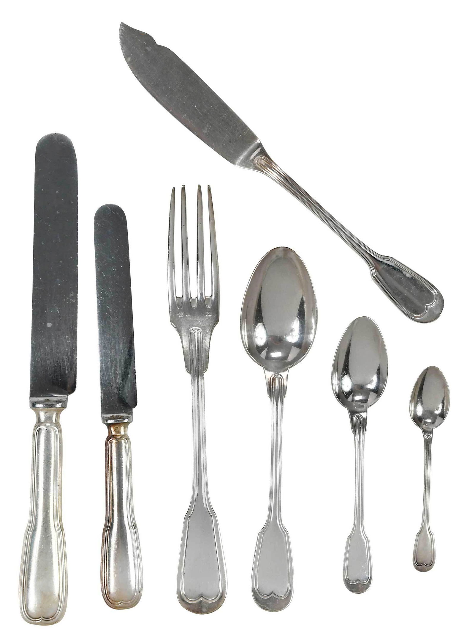 Christofle Chinon Silver Plate Flatware, 95 Pieces: French, 20th century, including twelve 8 in. hollow handle knives; twelve 9-5/8 in. hollow handle dinner knives; eleven 7-1/8 in. forks; twelve 7-3/8 in. forks; twelve 8-1/8 in. forks; ten 5-1/2 in. t