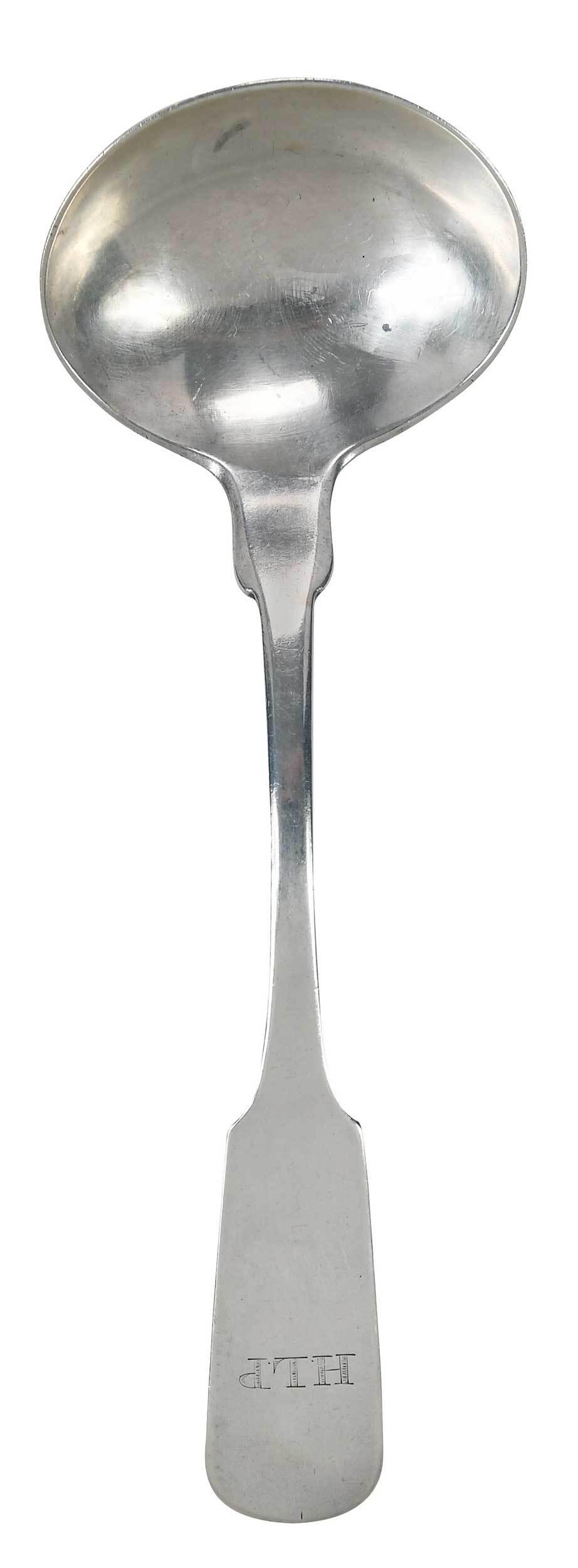 John Mood Charleston Coin Silver Ladle: South Carolina, mid 19th century, fiddle handle, later monogram, marks for John Mood (Charleston, South Carolina, working 1813-1864), 7 in. Provenance: Marie-Louise Antiques, Hanover, New Hampshire; S