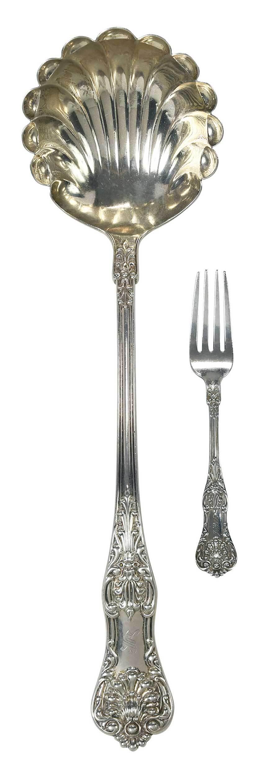 Charleston, James Allen Sterling Ladle and Fork: American, 19th century, King pattern large ladle with gilt shell bowl and fork, monograms, marks for retailer James Allan & Co. (Charleston, SC 1865-1908) and maker Dominick & Haff, 12.40 oz. T., 6-1/