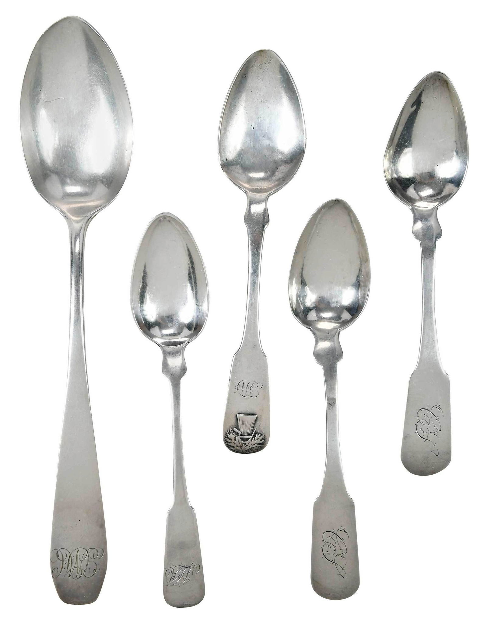16 Savannah Coin Silver Spoons: Georgia, early/mid 19th century, including most with fiddle handle, coffin handle serving spoon and two teaspoons, marks for John Pearson (Savannah, Georgia, NY), probably retailer; set of six teaspoo