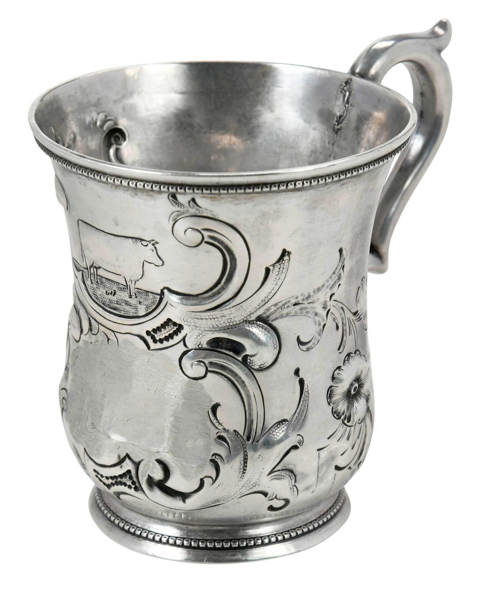 Georgia Coin Silver Agricultural Trophy: Macon, mid 19th century, urn form with engraved cow, scroll and floral decoration, scroll handle, inscription removed, marks for E. J. Johnston (Macon, Georgia, working 1845-1870), "MACON, GA", 3.51 o