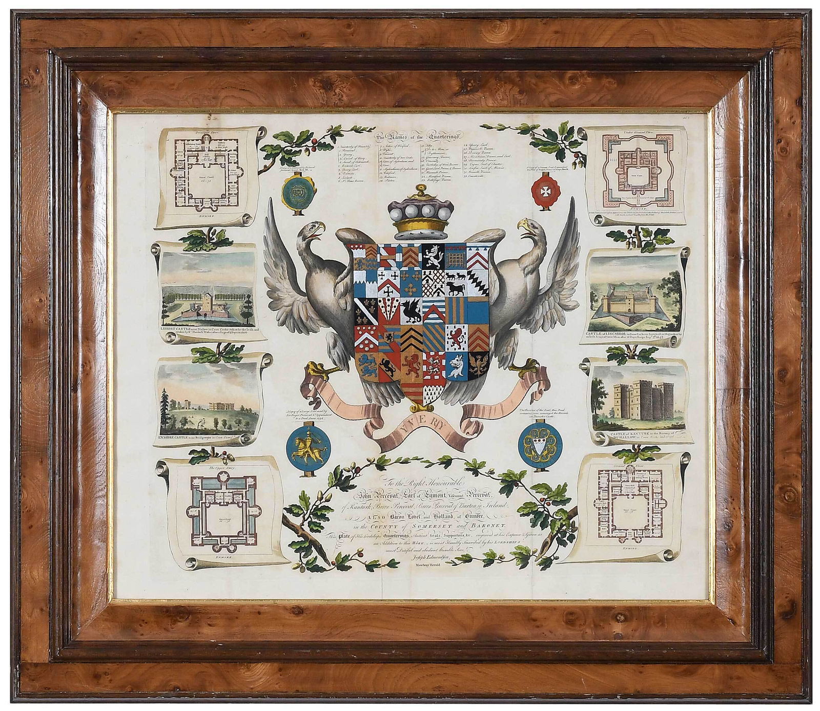 Joseph Edmondson Heraldry Engraving: (British, 18th century) "To the Right Honourable John Perceval, Earl of Egmont, Viscount Percival...", heraldic crest surround by his quarterings, seals, hand colored engraving on laid paper, plate 16