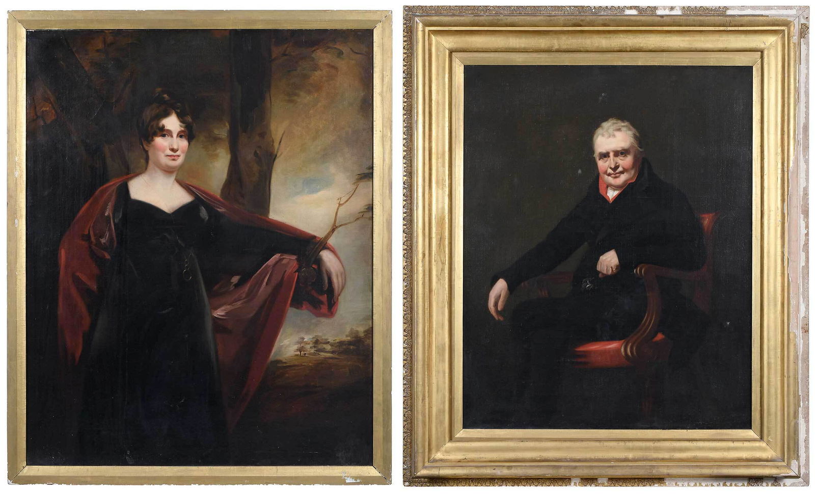 Attributed to Thomas Sully: (British/America, 1783-1872) A Pair of Portraits said to be from the Douglas/Robinson/Rockefeller family, circa 1830: Portrait of a Lady in a Red Shawl, unsigned, three-quarter length, oil on canvas,