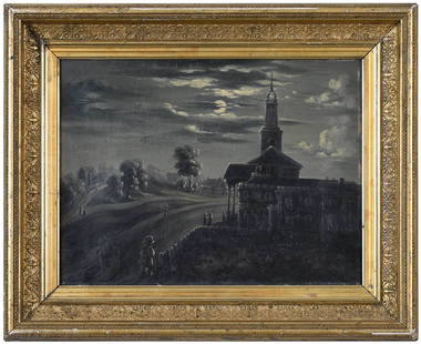 William Matthew Prior: (Massachusetts/Maine, 1806-1873) Moonlit Night, unsigned, oil on canvas, 12 x 16 in.; period carved gilt wood and composition frame, 17 x 21 in. Note: Four similar moonlit scenes by Prior sold at Soth