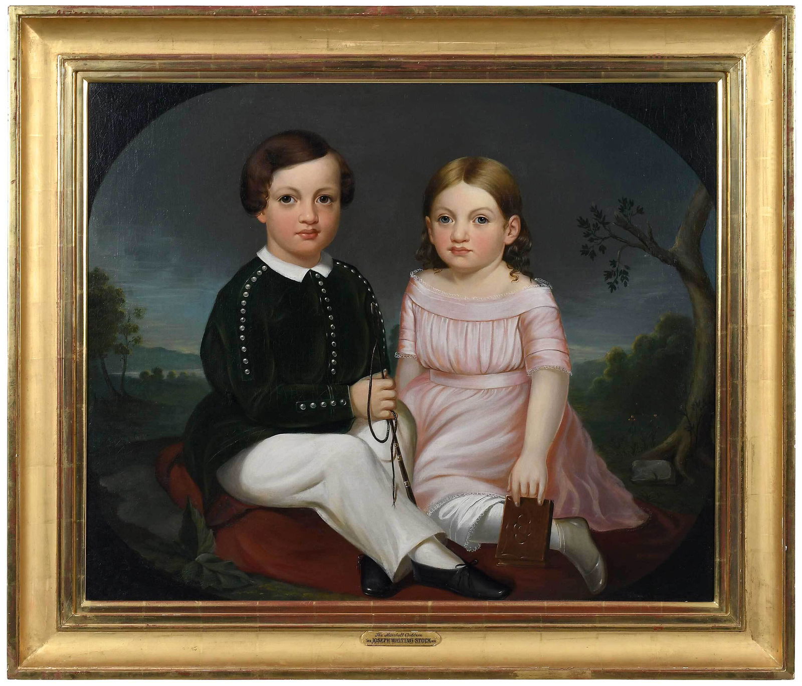 Joseph Whiting Stock: (American, 1815-1855) Double Portrait of The Marshall Children, unsigned, oil on canvas, 30 x 36 in.; fine reproduction carved gilt wood frame, 38 x 44-3/4 in. Note: The artist's journal includes a re