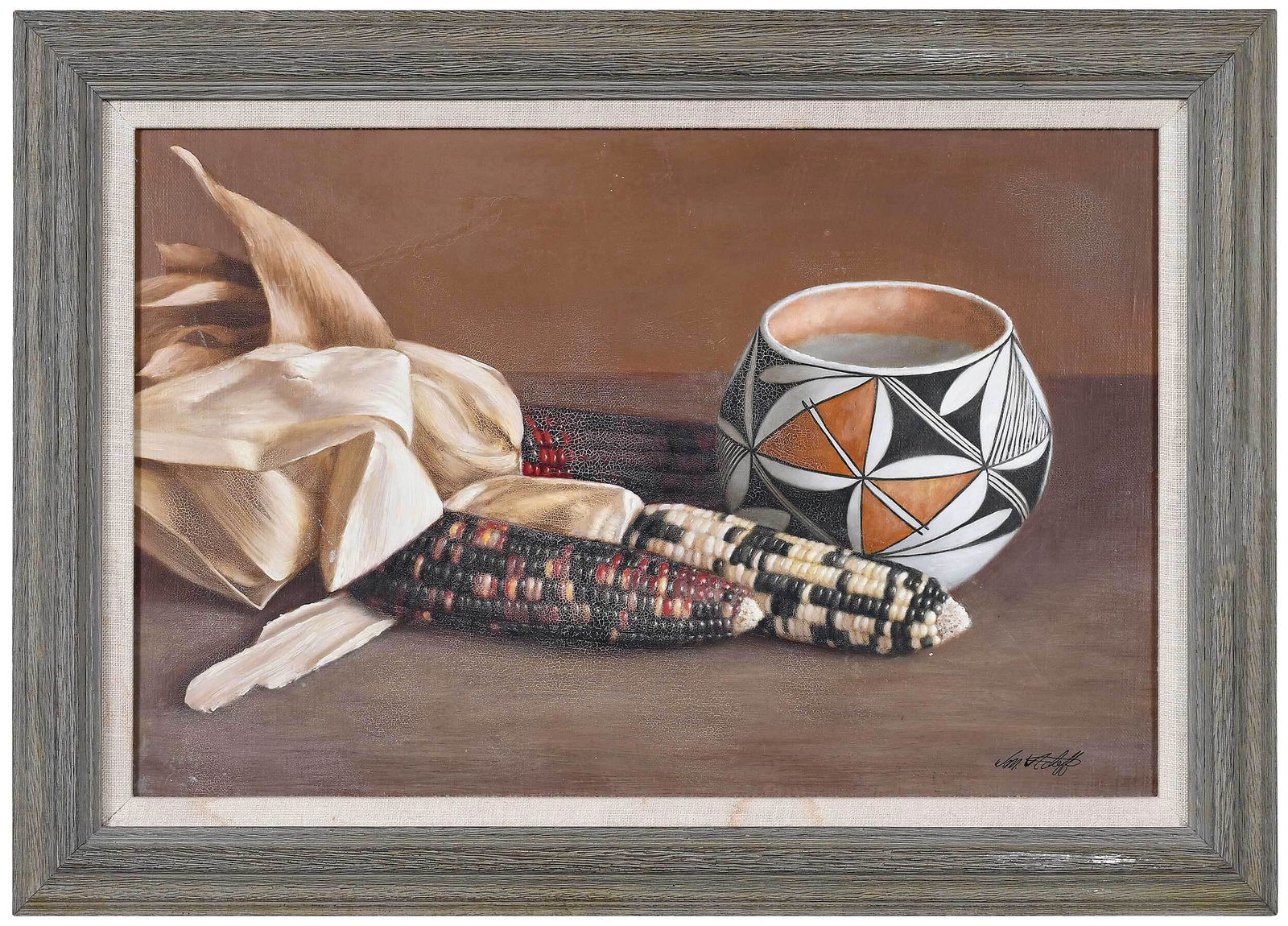 William Acheff: (New Mexico/California/Alaska, born 1947) Corn and Acoma, signed lower right "Wm Acheff", also signed canvas verso, oil on canvas, 12 x 18 in.; carved driftwood style frame, 15-1/2 x 21-1/2 in. Proven