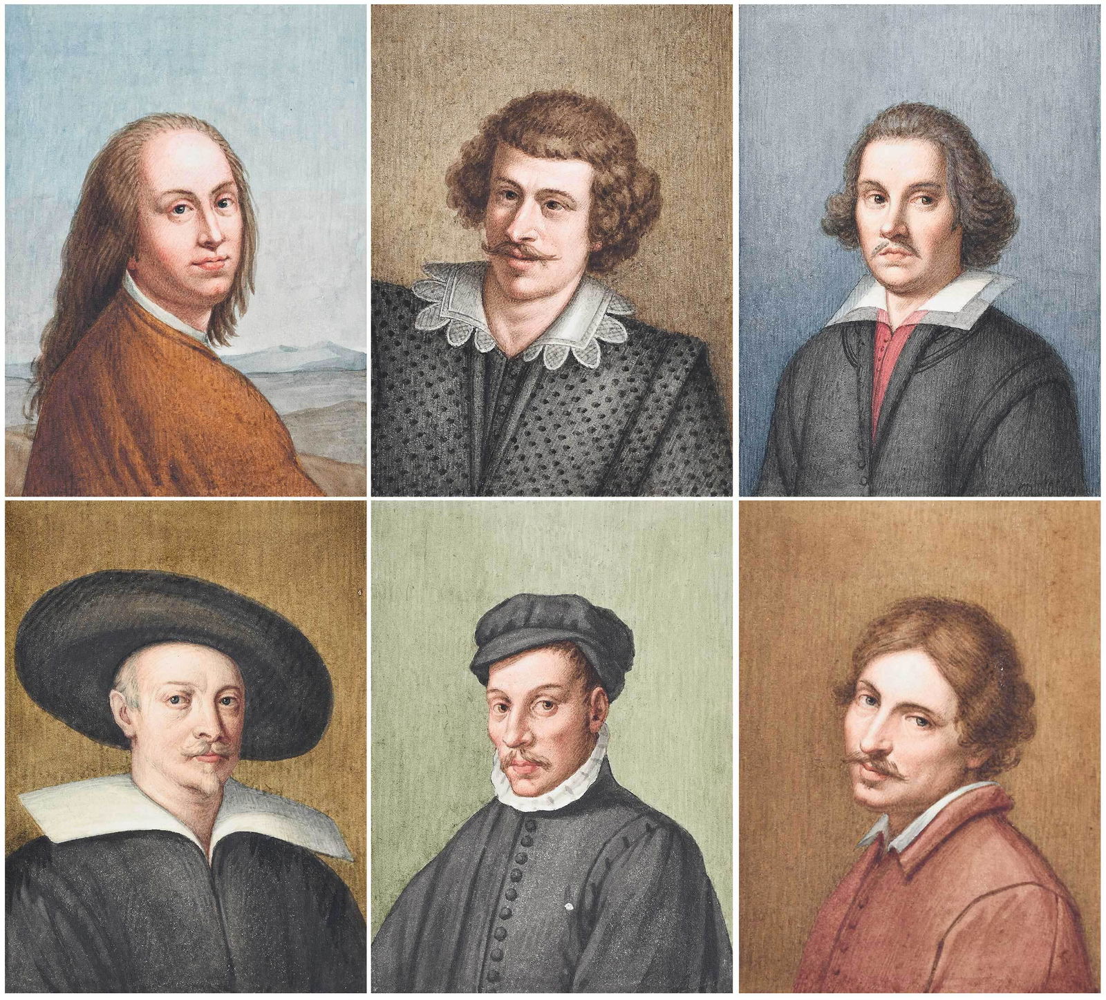 Six Portrait Miniatures of Bolognese Baroque Artists: (British, 19th century) Italian Artists including Lorenzo Garbieri, Guido Reni, Caravaggio, Guerchino, Cesare Gennari, Sebastiano Bombelli, most after self portraits, possibly for an unknown publicati