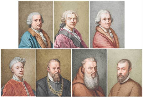 Seven Portrait Miniatures of 16th-18th Century Artists: (British, 19th century) Continental and Scottish Artists including Pompeo Batoni, Giuseppe Bottani, Charles Joseph Natoire, William Aikman and three unidentified, most after self portraits, possibly f