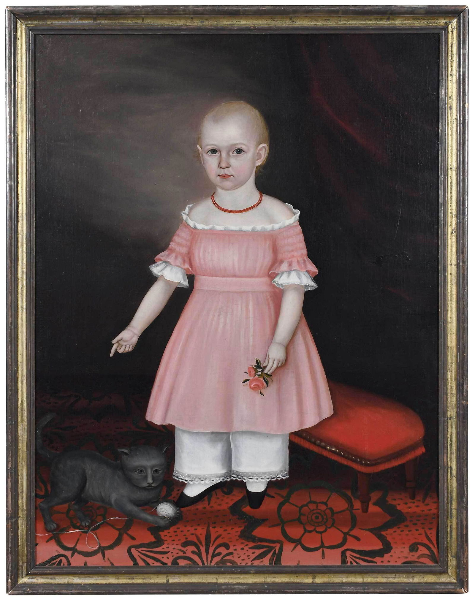 Joseph Whiting Stock: (active Massachusetts, 1815-1855) Jane Tyler with Cat, circa 1845, unsigned, oil on canvas, 40 x 30 in.; period carved gilt wood frame, 43 x 33-1/4 in. Note: Exhibited: Smith College Museum of Art, No