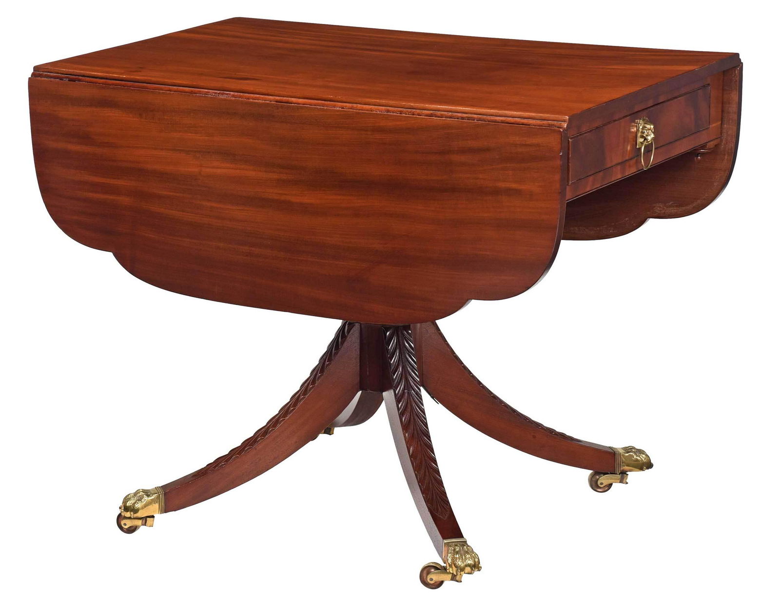 New York Federal Mahogany Drop Leaf Breakfast Table: circa 1815, possibly shop of Duncan Phyfe, figured mahogany with elliptical shaped drop leaves, single dovetailed drawer, on urn form leaf carved support, set on leaf carved saber legs with brass paw