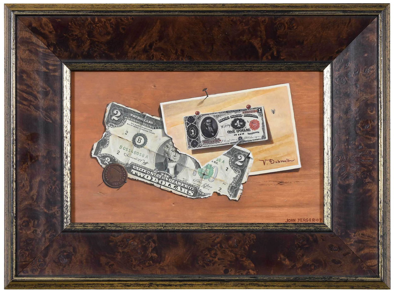 John Yerger: (American, born 1935) Homage to Victor Dubreuil, 2007, signed lower right "John Yerger 07", titled verso, oil on panel, 6-1/2 x 10-1/2 in.; burl and gilt wood frame, 11 x 15 in. Provenance: The Estate