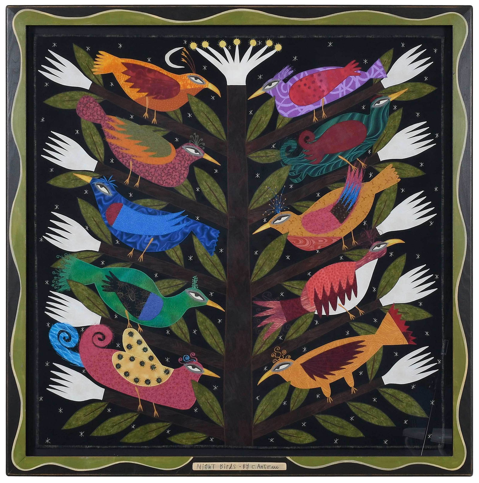Chris Roberts Antieau: (American, born 1950) Night Birds, mixed media fabric paintings, composed of appliqu‚ and embroidery, labeled and dated verso "Chris Roberts-Antieau/2010", 36 x 36 in.; artist painted frame, 42 x 41