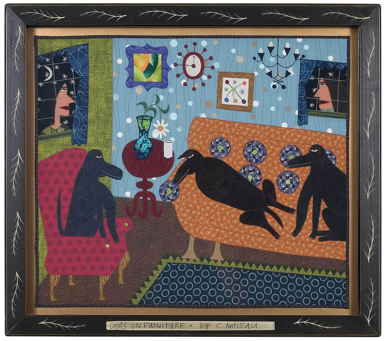 Chris Roberts Antieau: (American, born 1950) Dogs on Furniture, mixed media fabric paintings, composed of appliqu‚ and embroidery, labeled and dated verso "Chris Roberts-Antieau", 22 x 26 in.; artist painted frame, 27 x 3